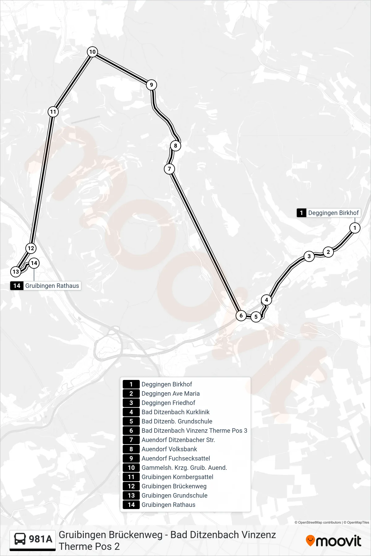 981A bus Line (Gruibingen Rathaus) route and stops on a map
