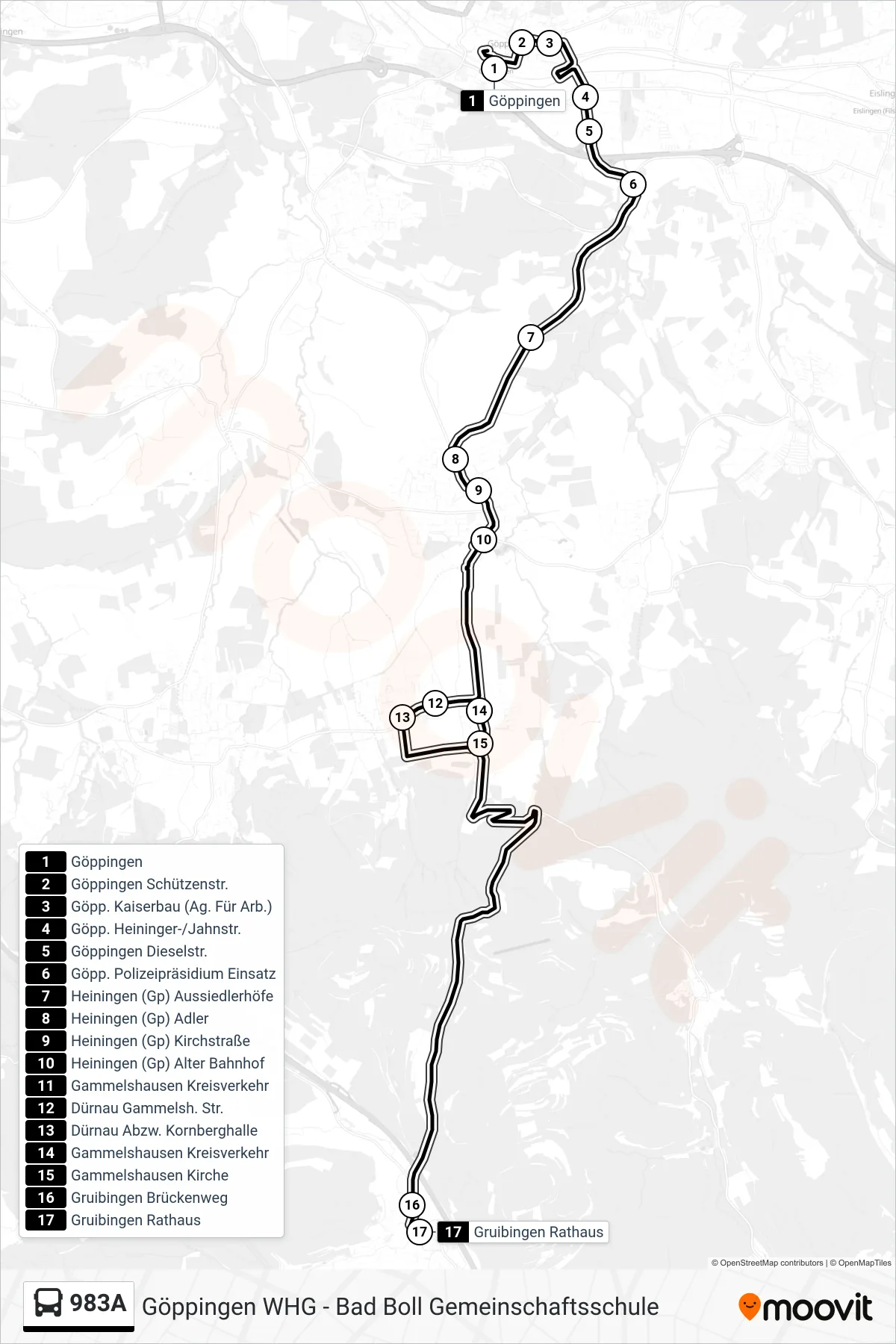 983A bus Line (Gruibingen Rathaus) route and stops on a map