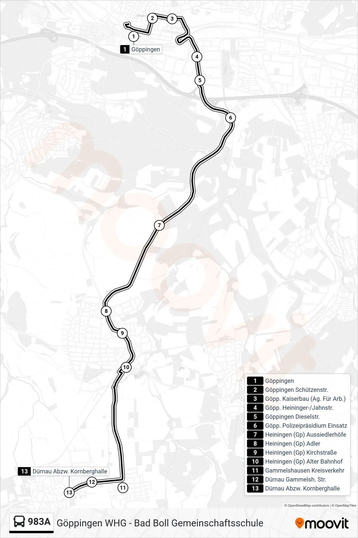 983A bus Line (Dürnau Abzw. Kornberghalle) route and stops on a map