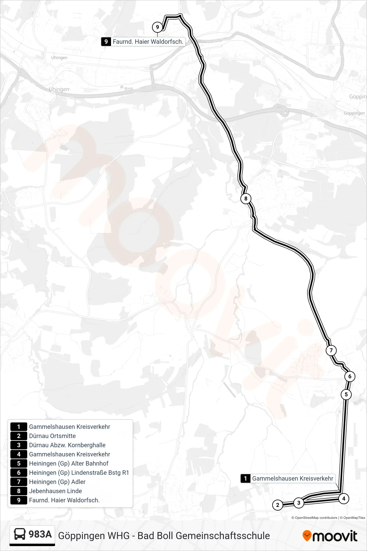 983A bus Line (Faurnd. Haier Waldorfsch.) route and stops on a map