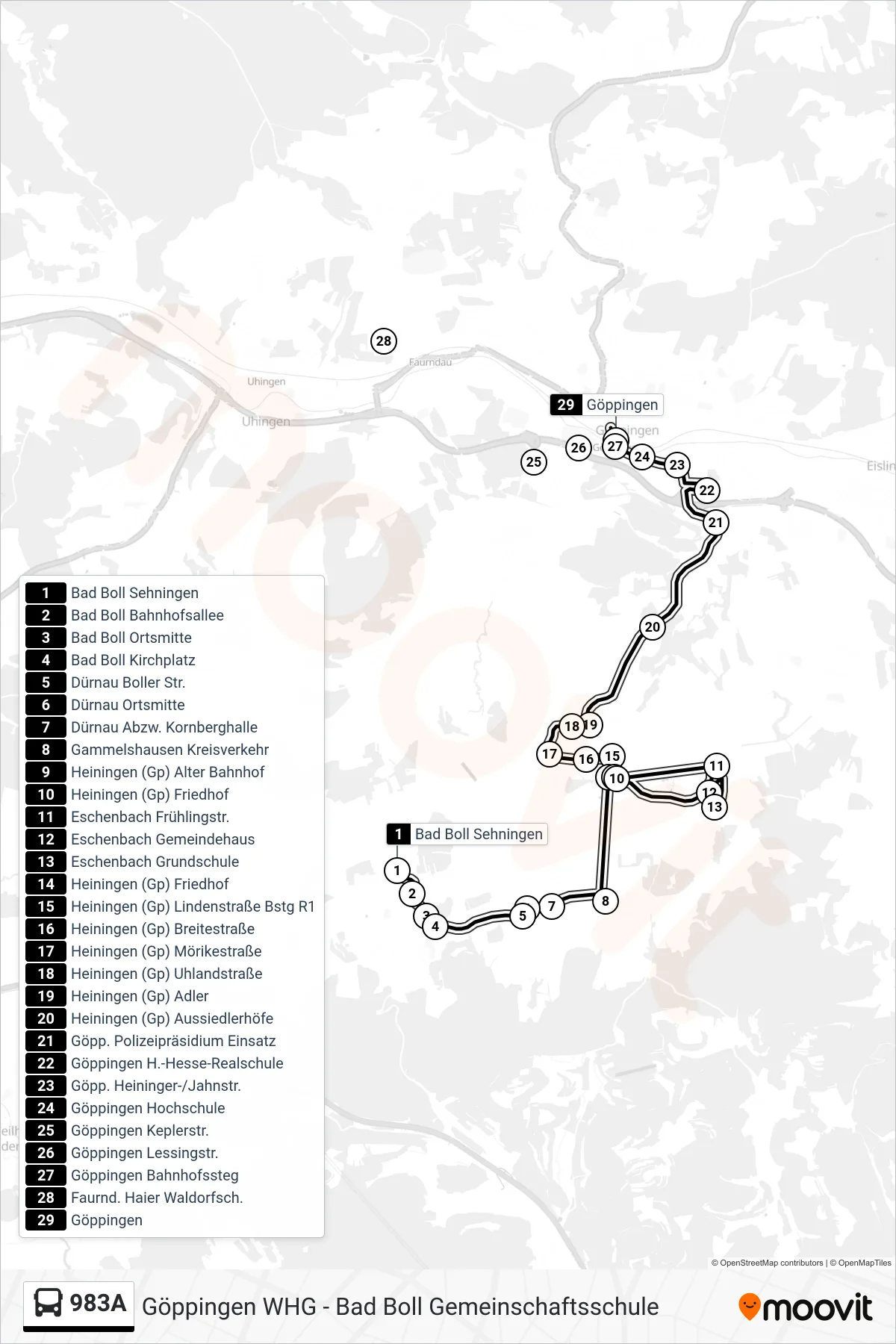 983A bus Line (Göppingen) route and stops on a map