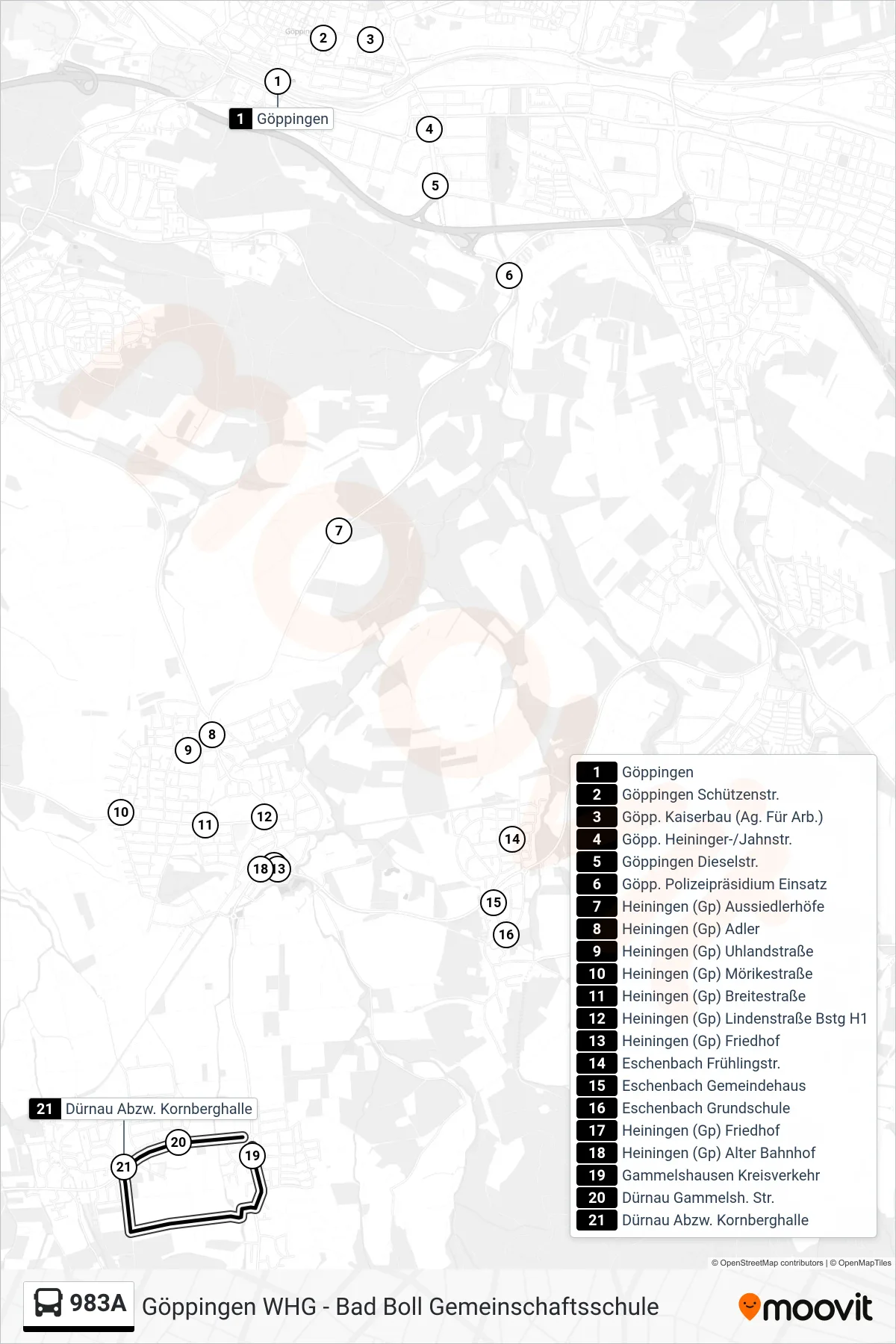 983A bus Line (Gammelshausen Kreisverkehr) route and stops on a map