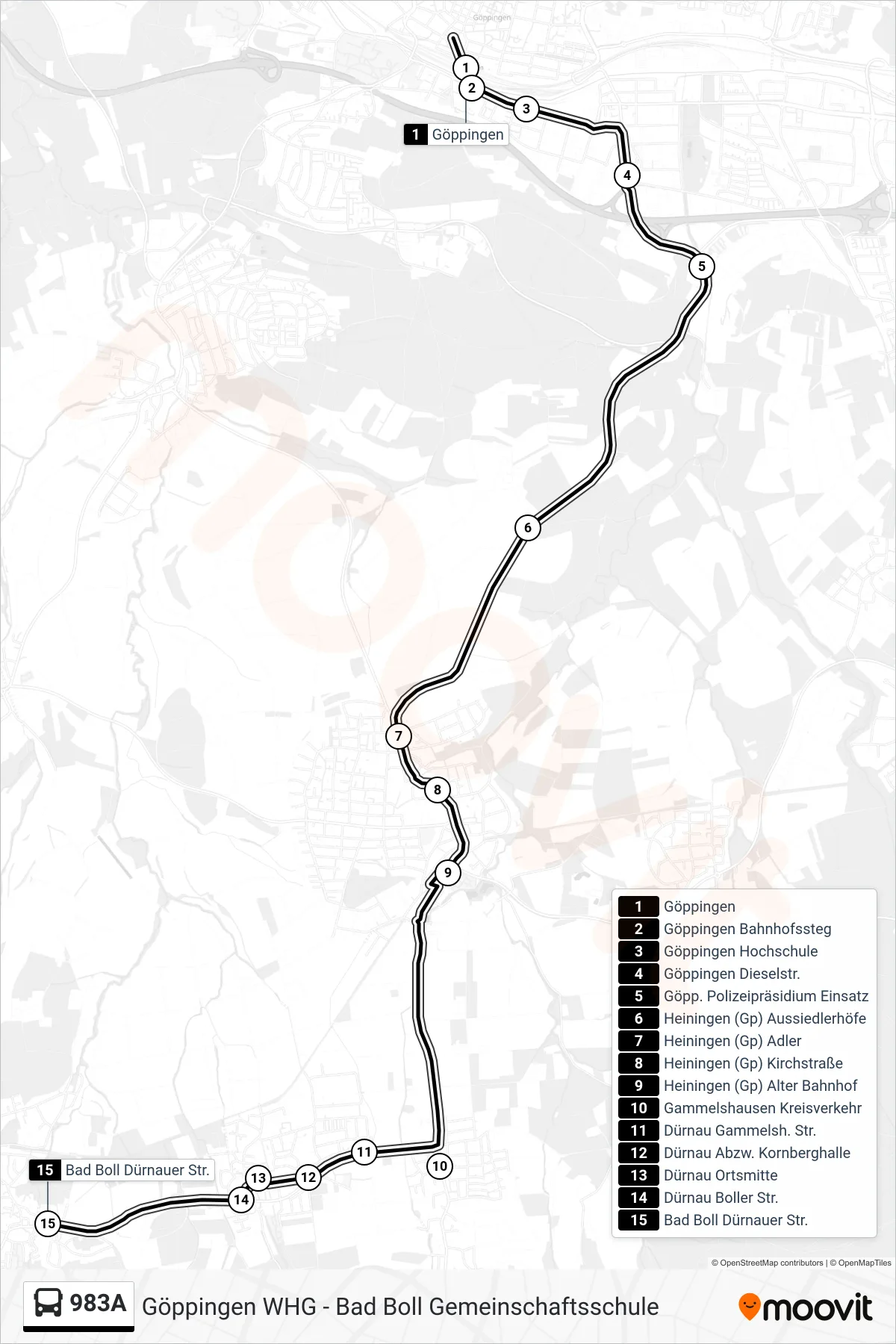 983A bus Line (Bad Boll Dürnauer Str.) route and stops on a map
