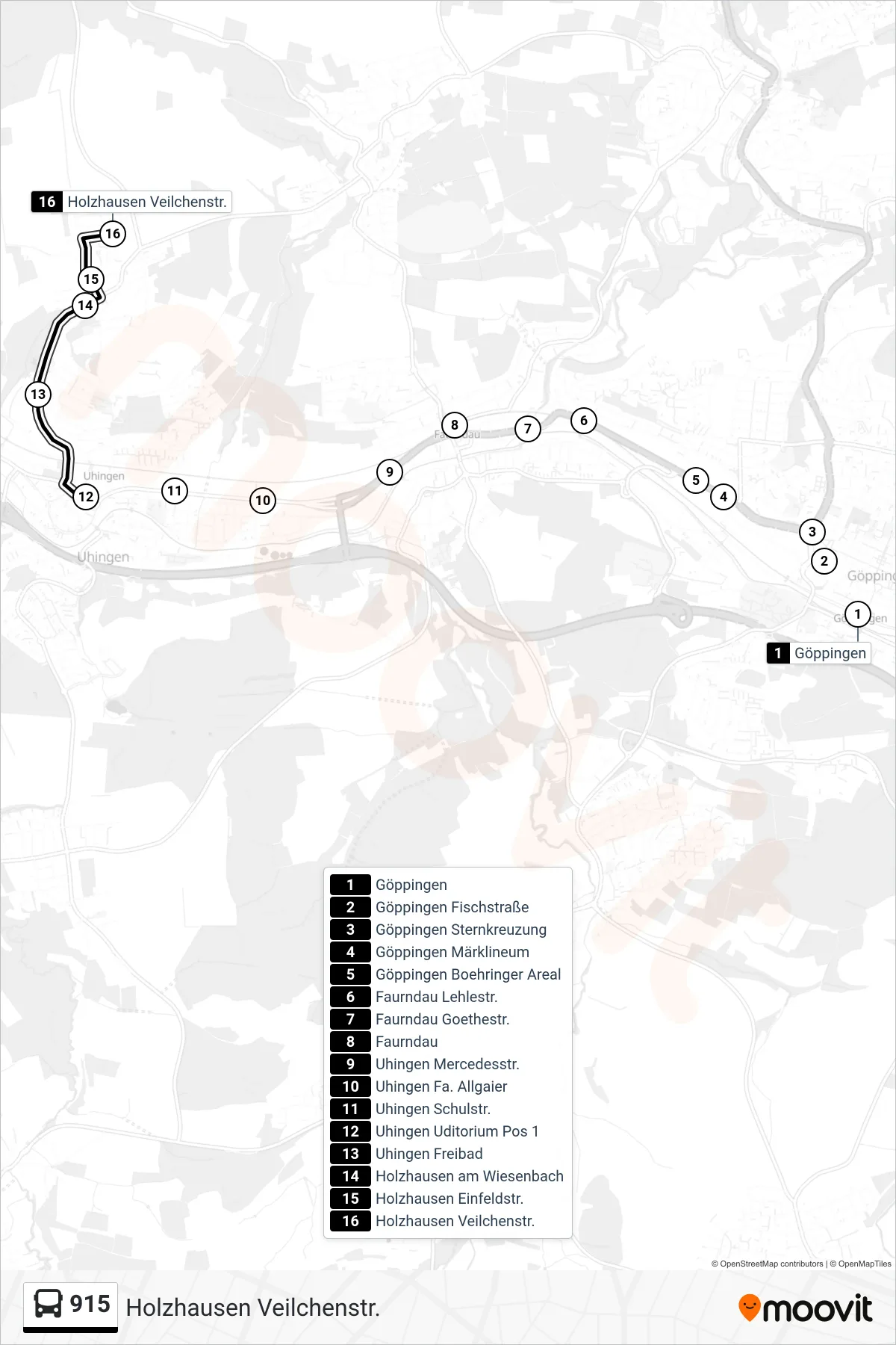 Linie 915 (Bus) Richtung Holzhausen Veilchenstr.: Route und Haltestellen auf der Karte