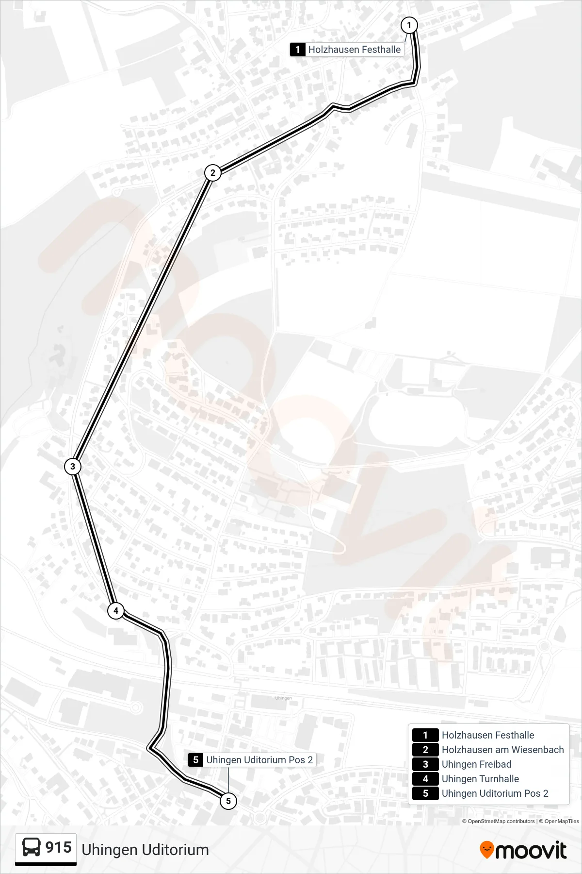 915 bus Line (Uhingen Uditorium) route and stops on a map