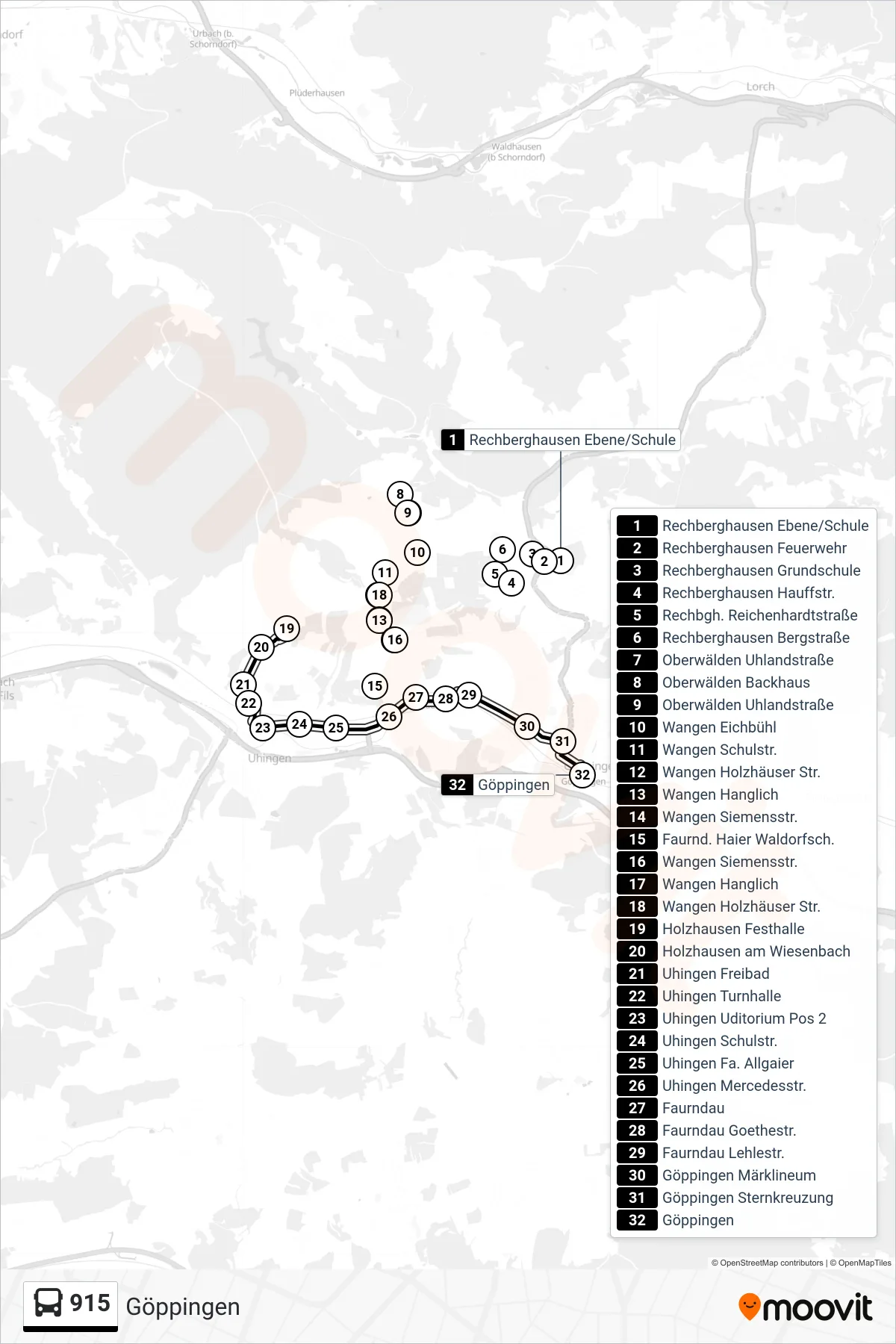 915 bus Line (Göppingen) route and stops on a map