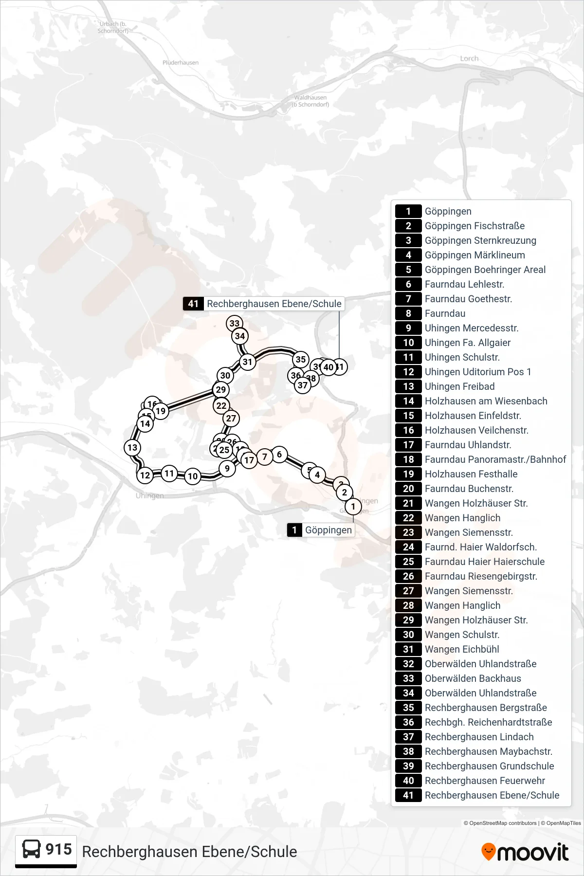 915 bus Line (Rechberghausen Ebene/Schule) route and stops on a map