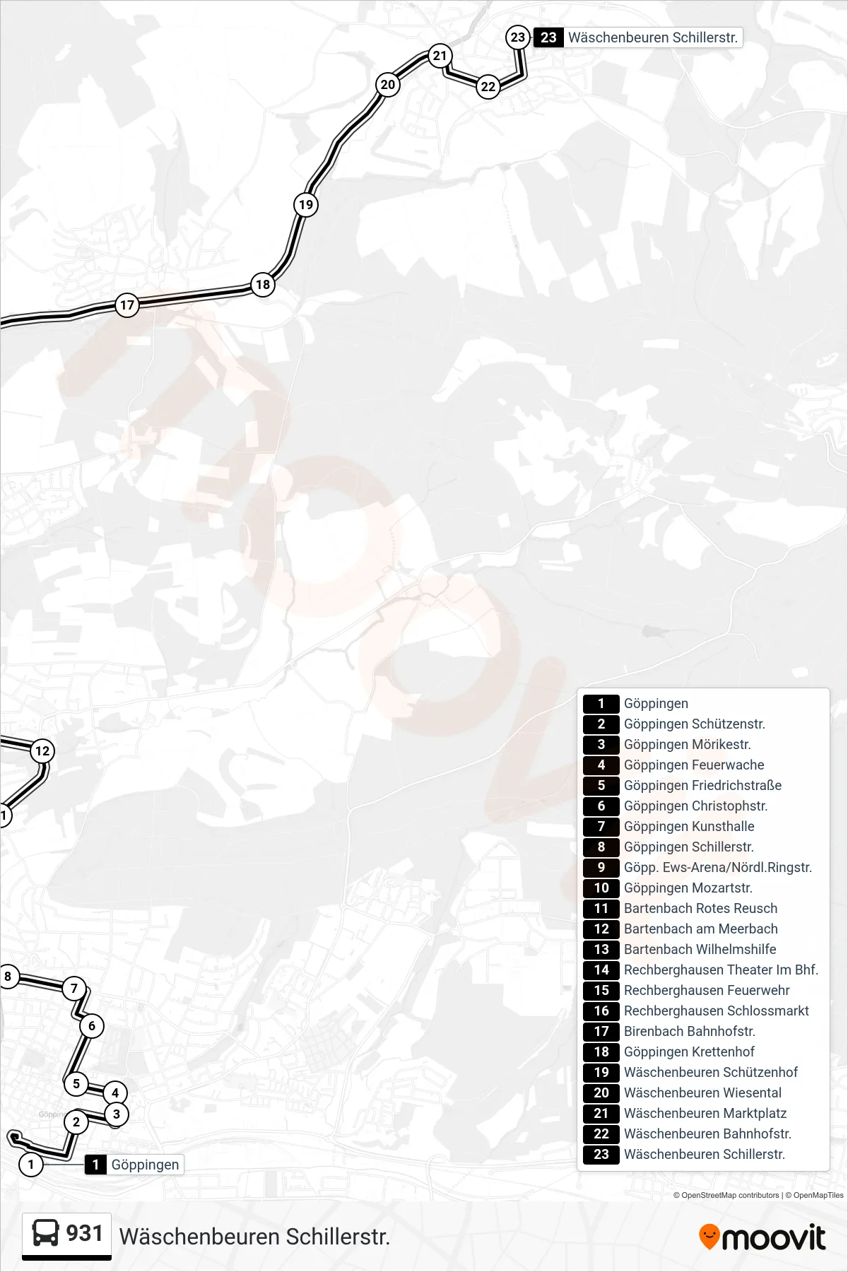 931 bus Line (Wäschenbeuren Schillerstr.) route and stops on a map