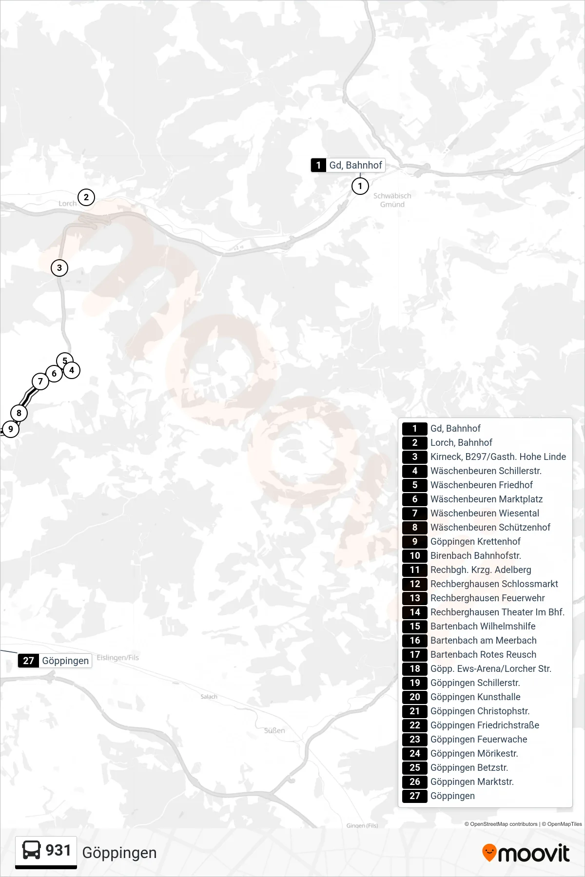 931 bus Line (Göppingen) route and stops on a map