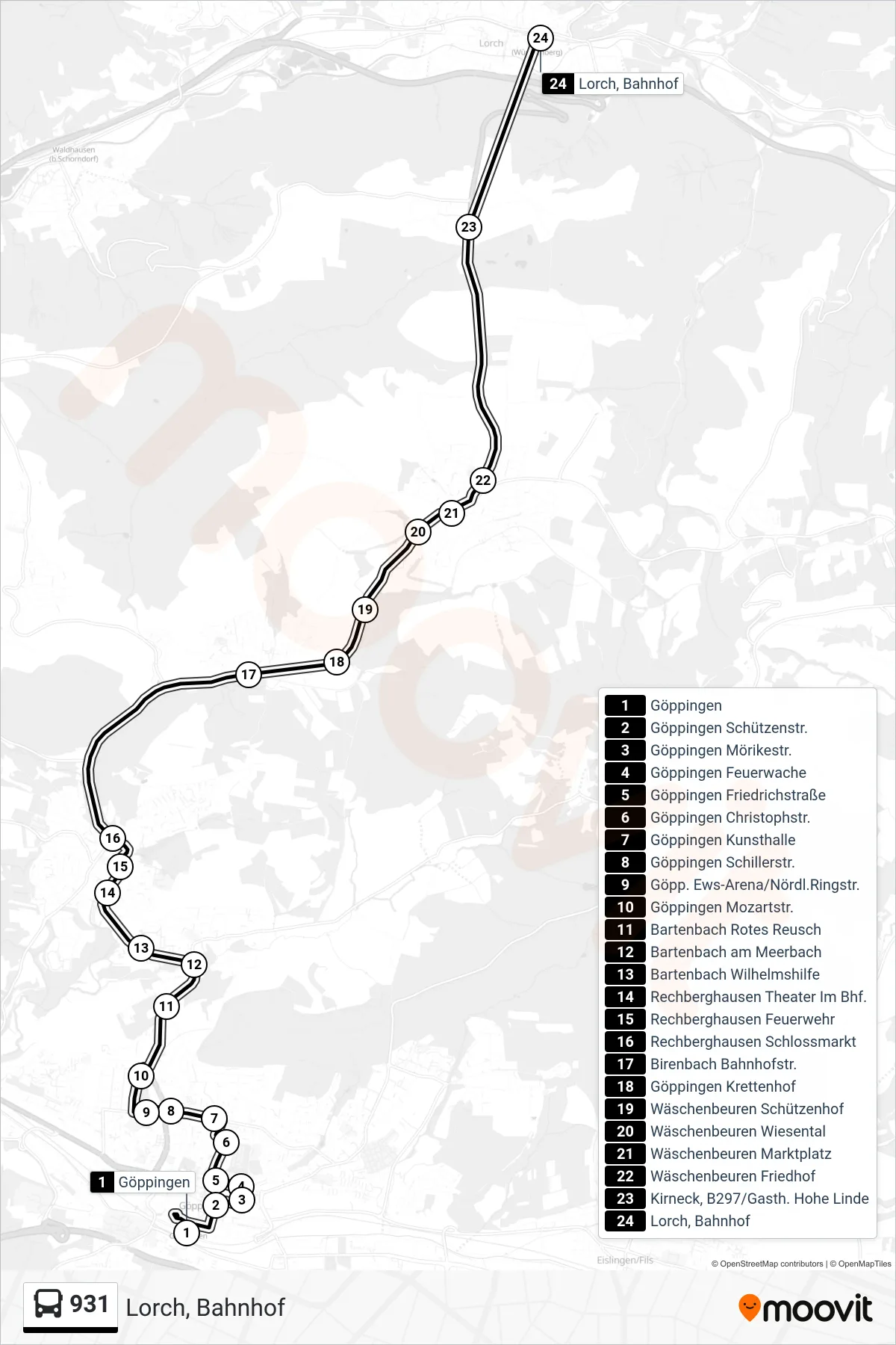 Linie 931 (Bus) Richtung Lorch, Bahnhof: Route und Haltestellen auf der Karte