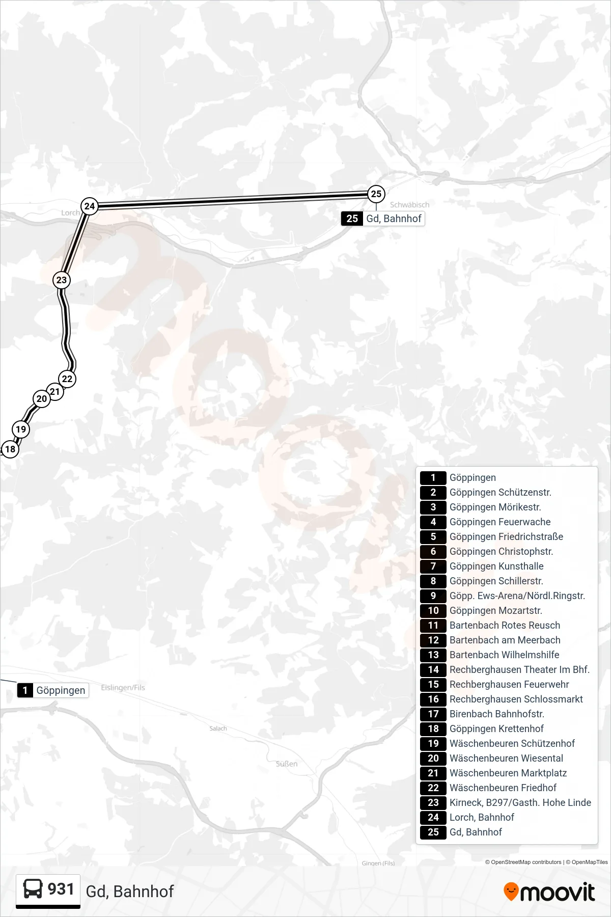 931 bus Line (Gd, Bahnhof) route and stops on a map