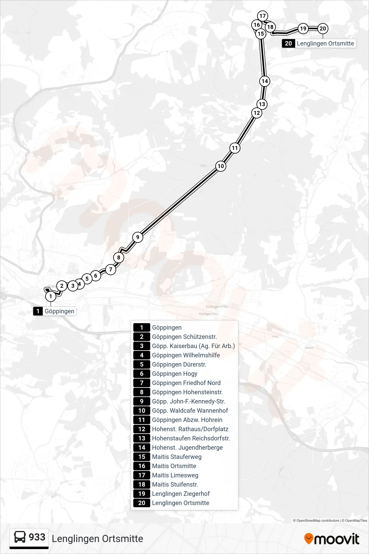 933 bus Line (Lenglingen Ortsmitte) route and stops on a map
