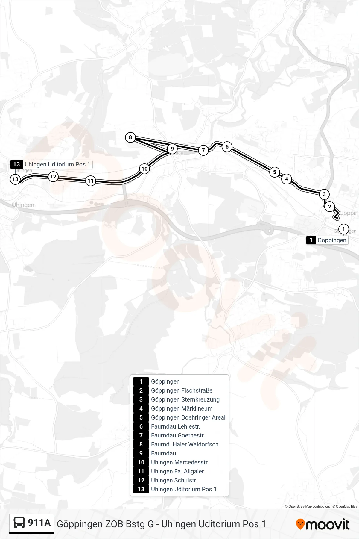911A bus Line (Uhingen Uditorium) route and stops on a map