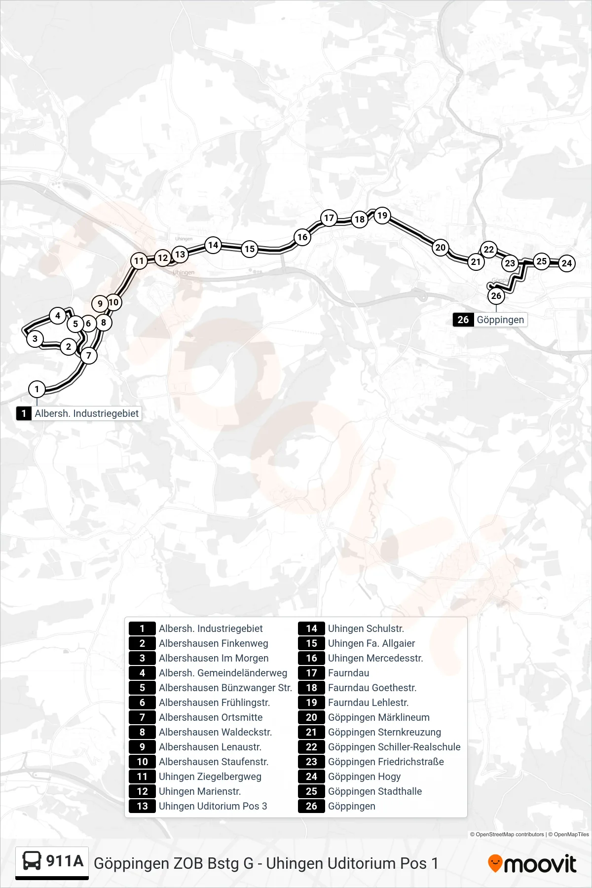 911A bus Line (Göppingen) route and stops on a map