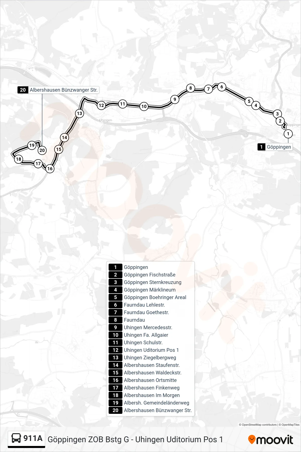 911A bus Line (Albershausen Bünzwanger Str.) route and stops on a map