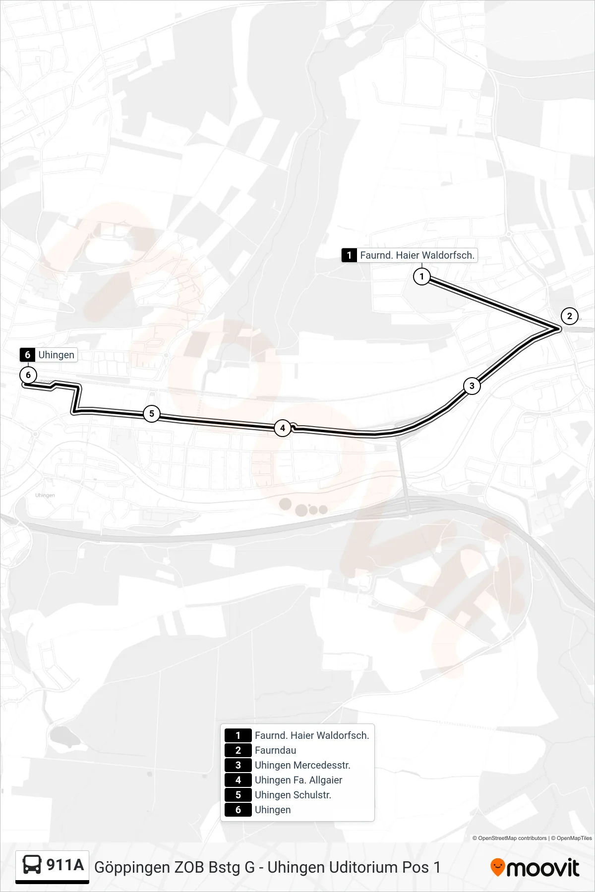 Linie 911A (Bus) Richtung Uhingen: Route und Haltestellen auf der Karte