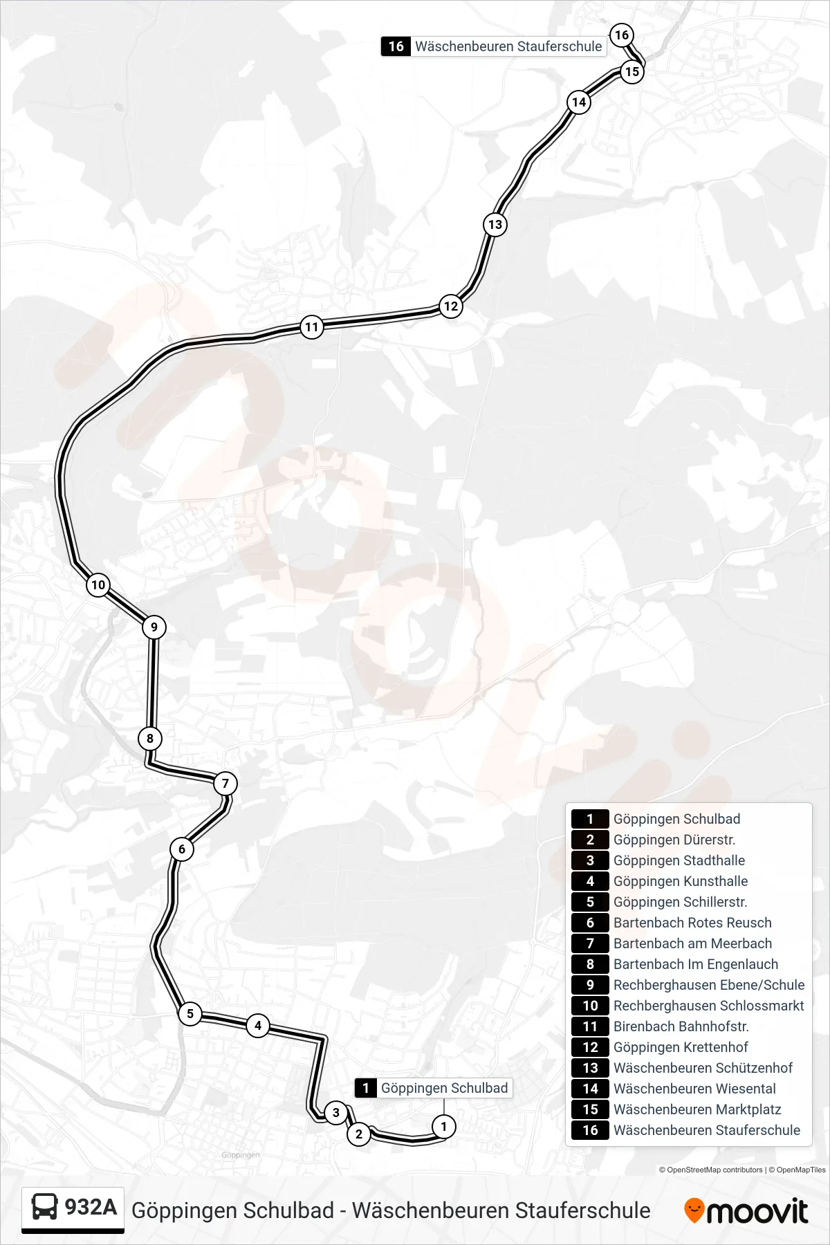 932A bus Line (Wäschenbeuren Stauferschule) route and stops on a map