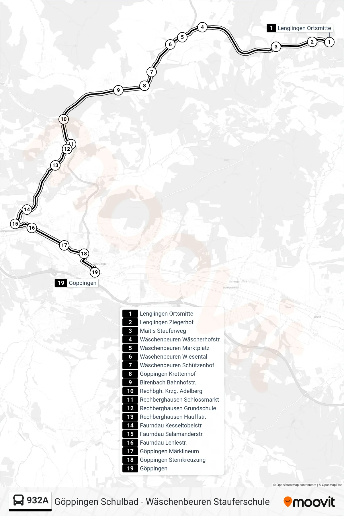 932A bus Line (Göppingen) route and stops on a map
