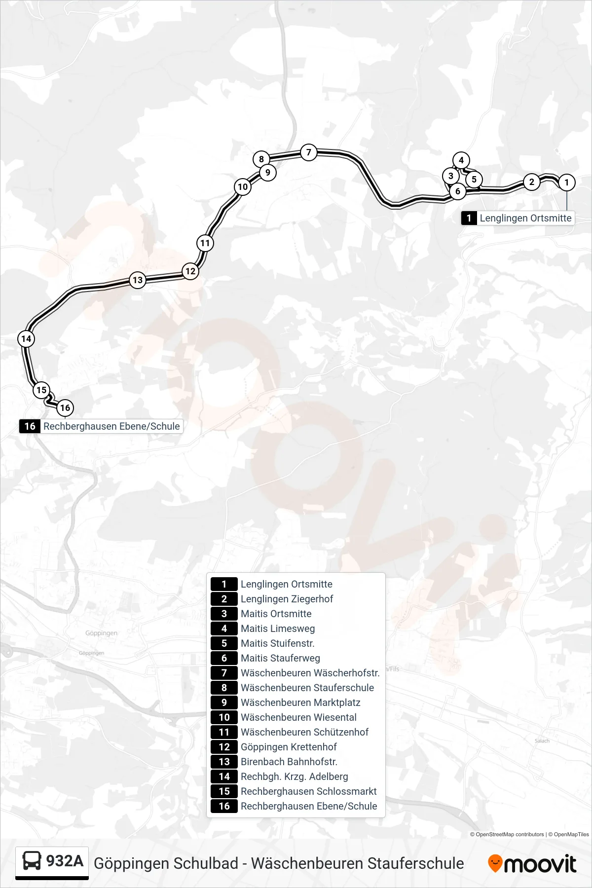 Linie 932A (Bus) Richtung Rechberghausen Ebene/Schule: Route und Haltestellen auf der Karte
