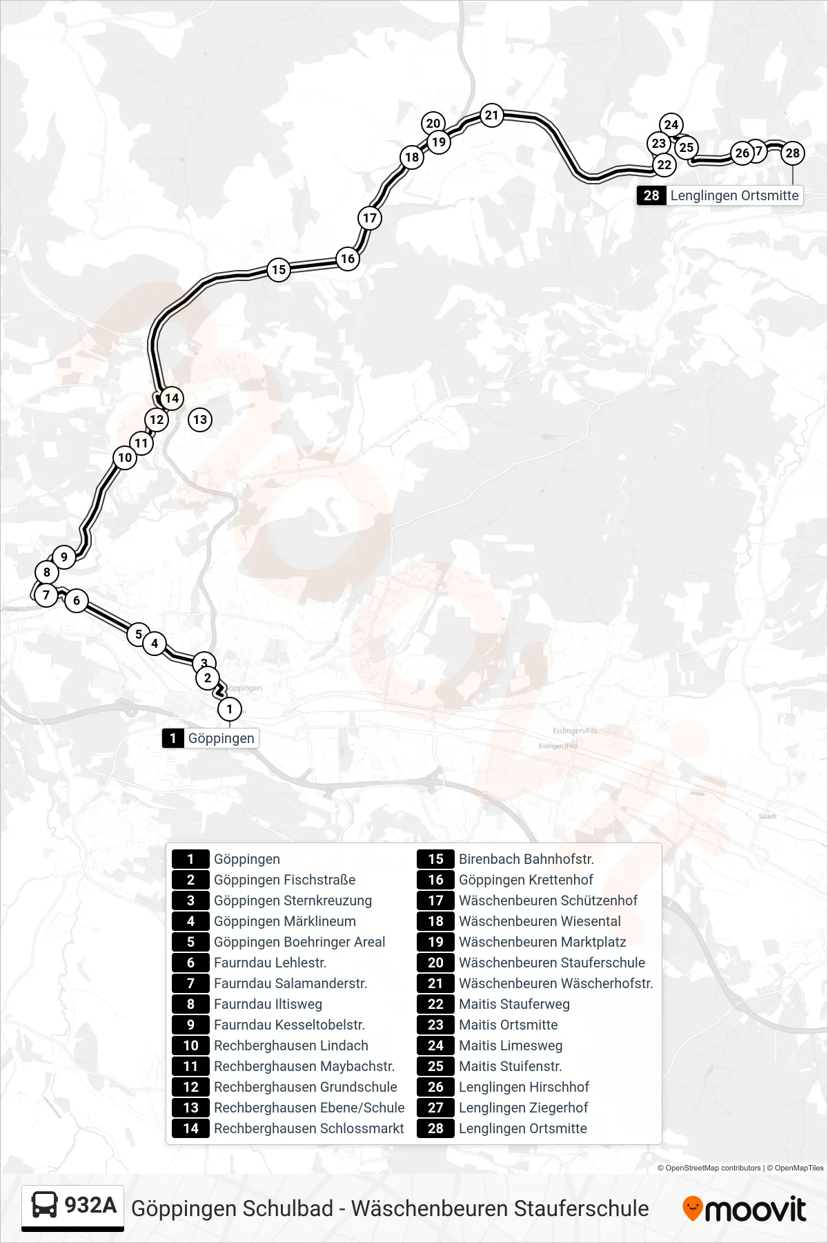 932A bus Line (Lenglingen Ortsmitte) route and stops on a map
