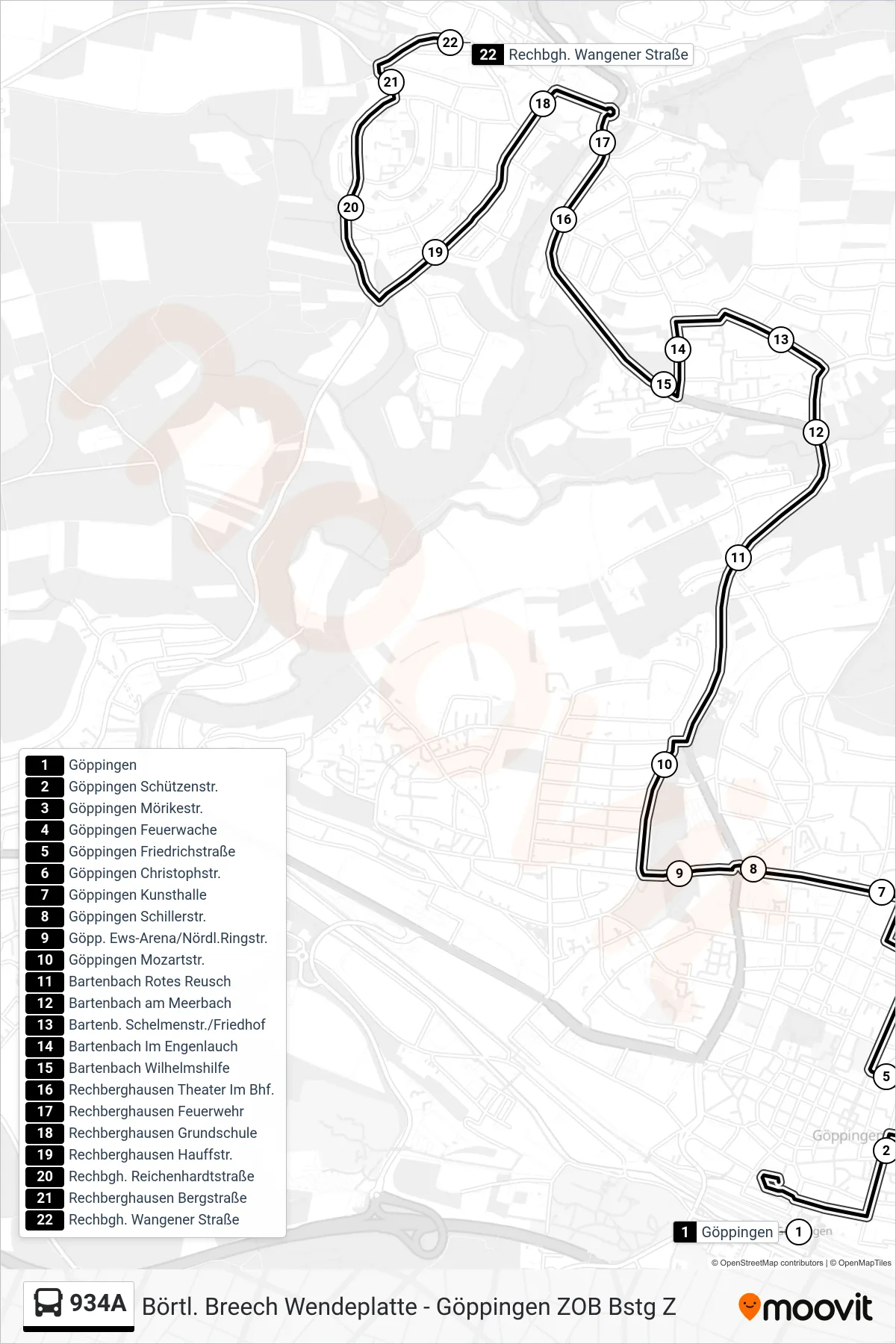 Linie 934A (Bus) Richtung Rechbgh. Wangener Straße: Route und Haltestellen auf der Karte