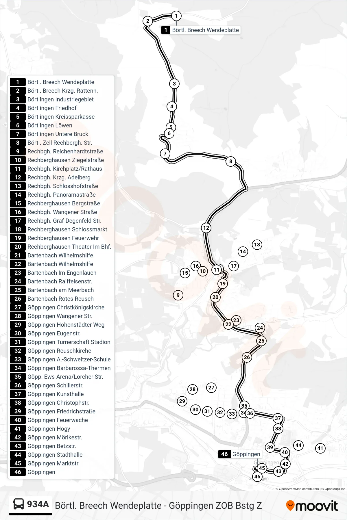 934A bus Line (Göppingen) route and stops on a map