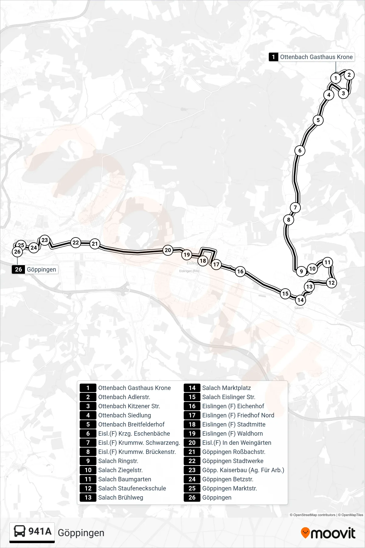 941A bus Line (Göppingen) route and stops on a map