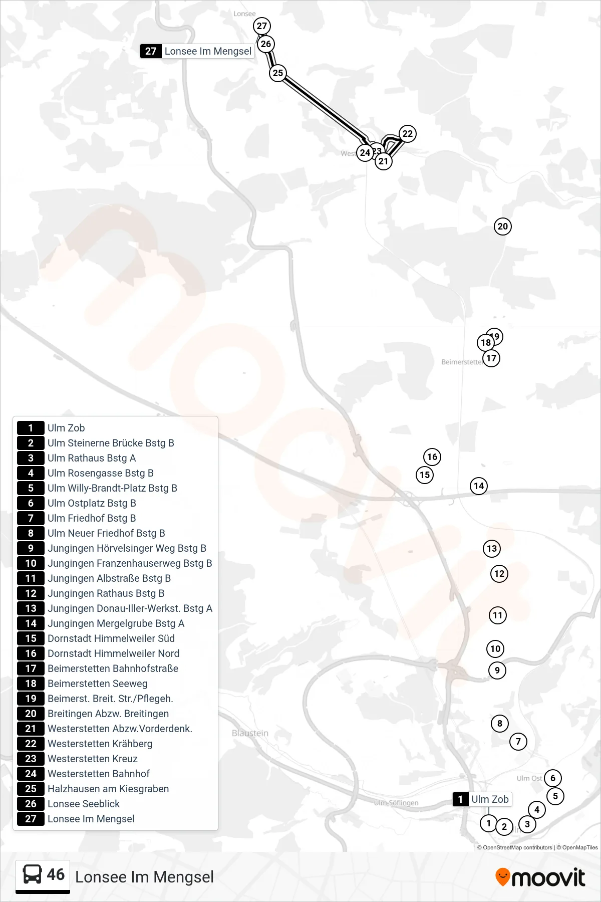 46 bus Line (Lonsee Im Mengsel) route and stops on a map