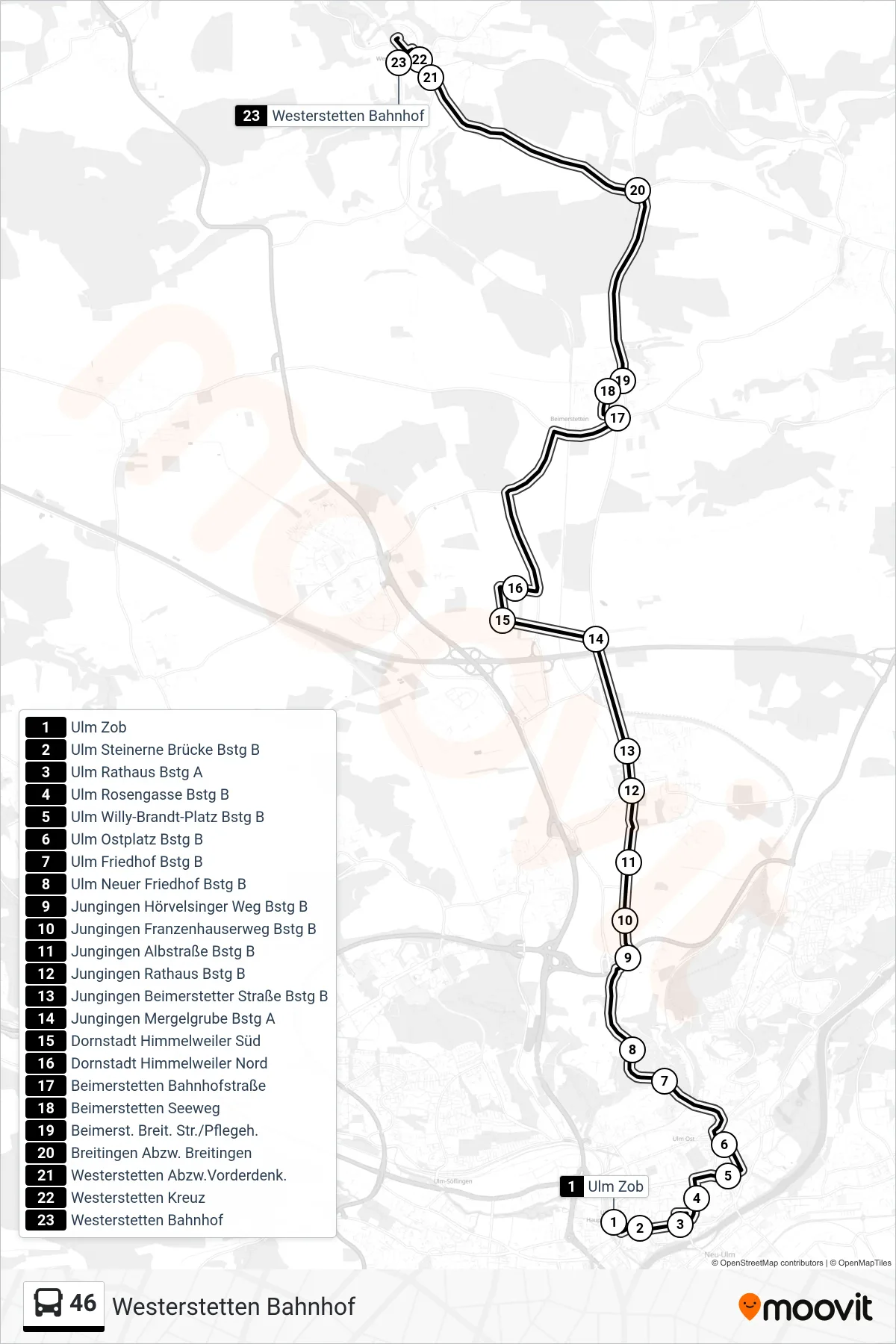 46 bus Line (Westerstetten Bahnhof) route and stops on a map