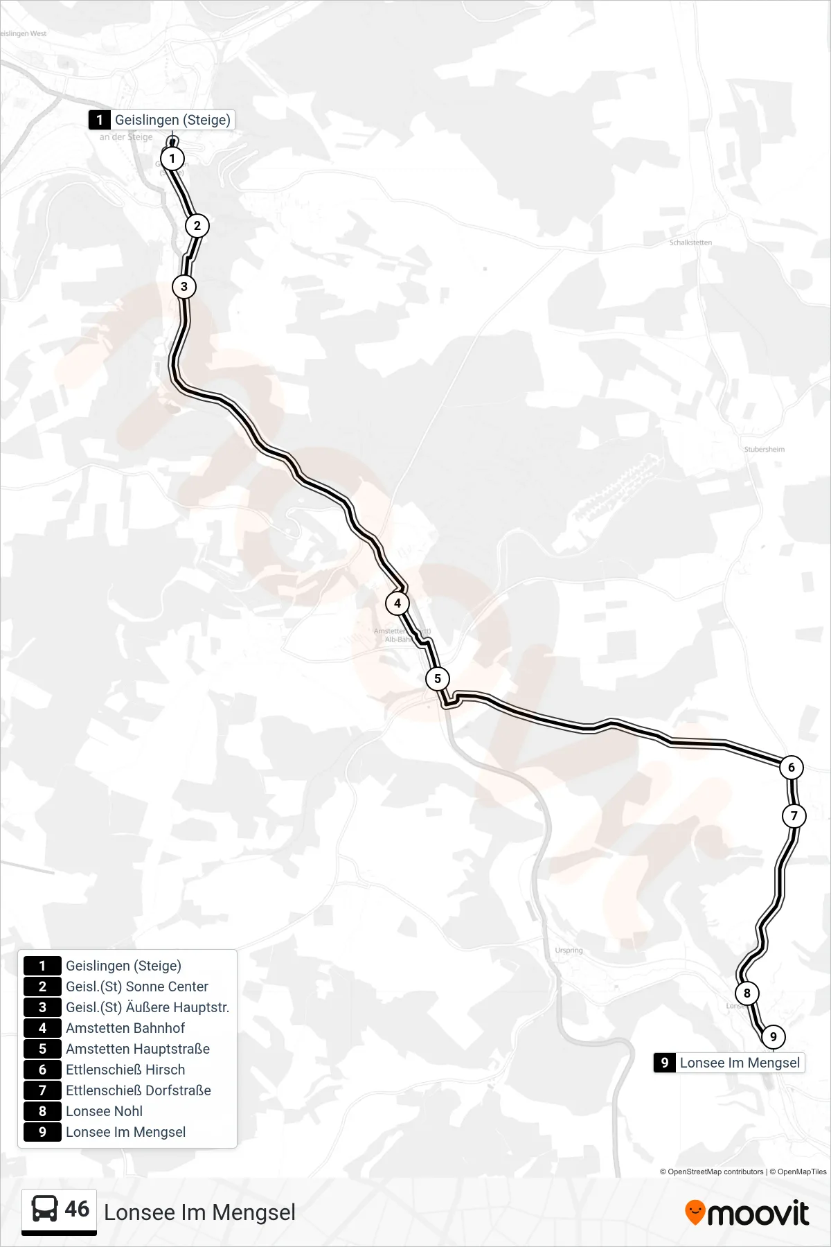 46 bus Line (Lonsee Im Mengsel) route and stops on a map