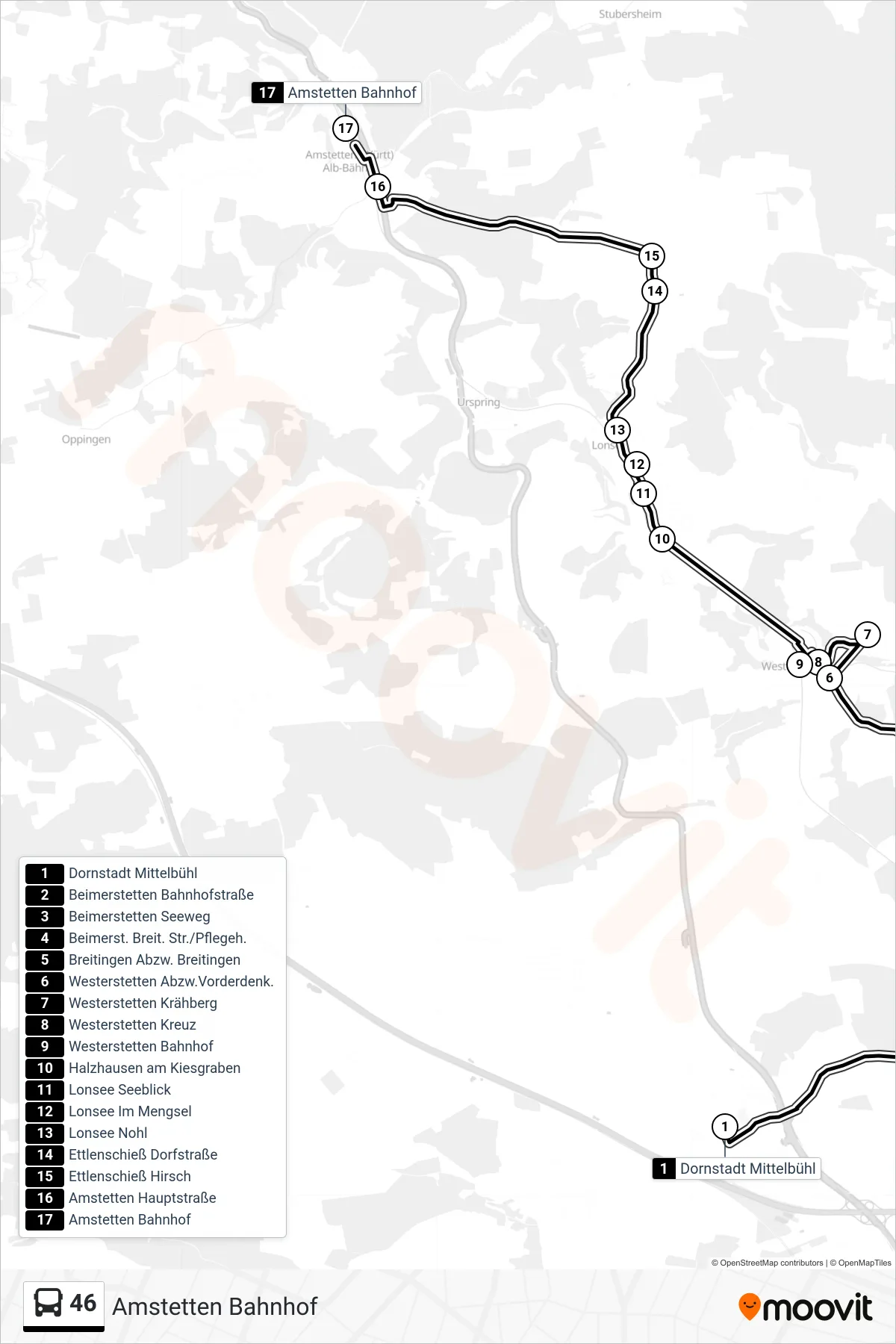 46 bus Line (Amstetten Bahnhof) route and stops on a map