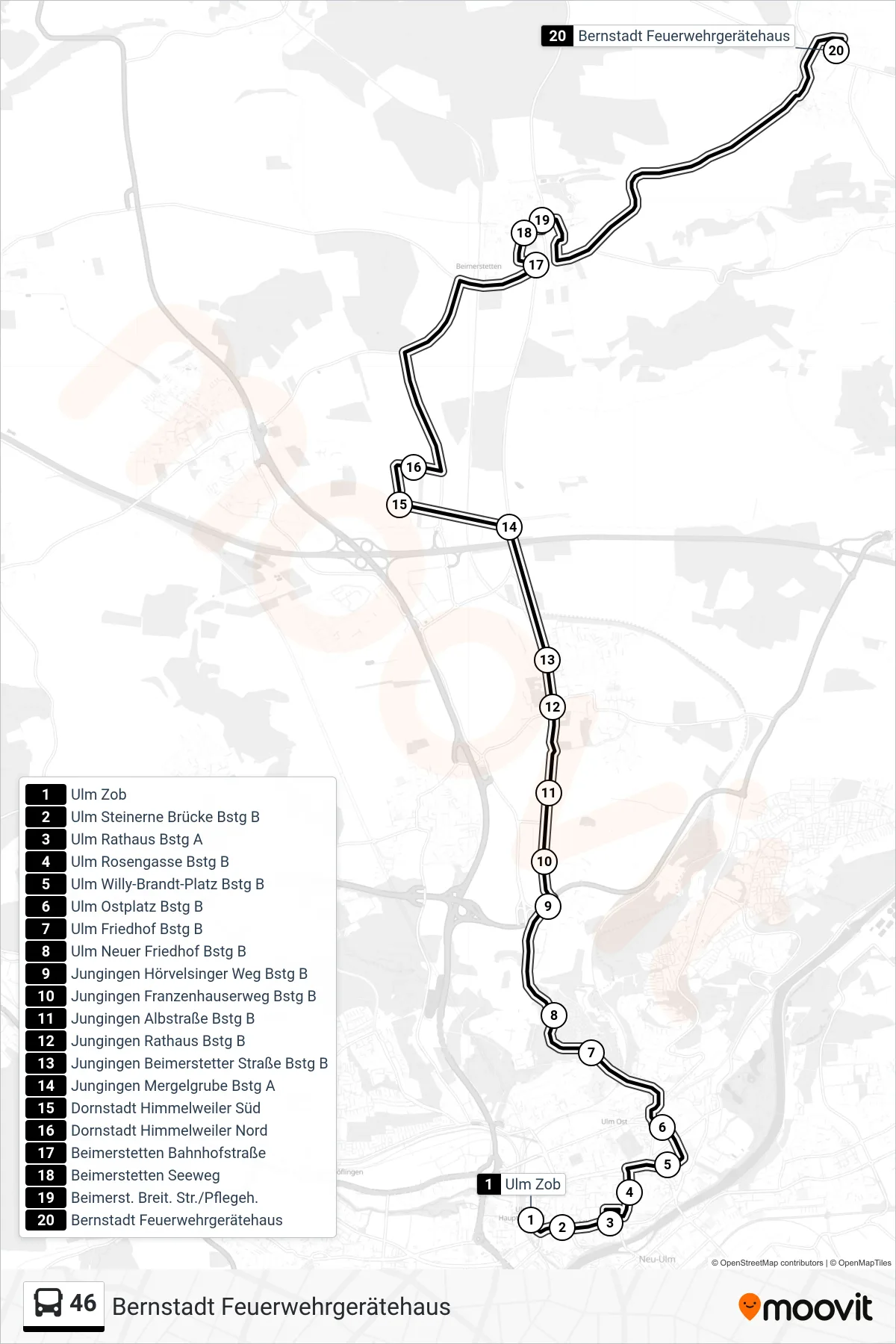 46 bus Line (Bernstadt Feuerwehrgerätehaus) route and stops on a map