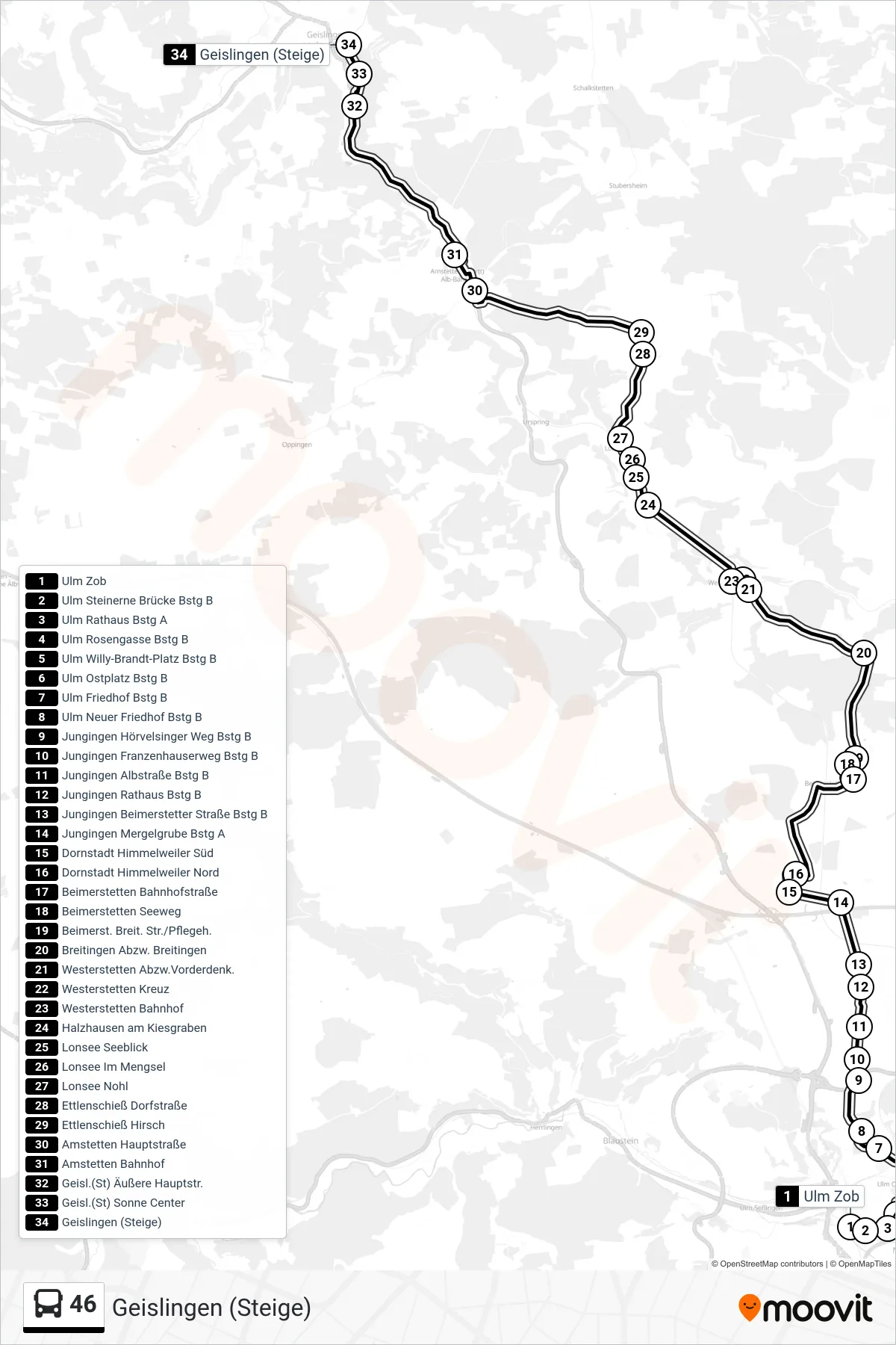 46 bus Line (Geislingen (Steige)) route and stops on a map