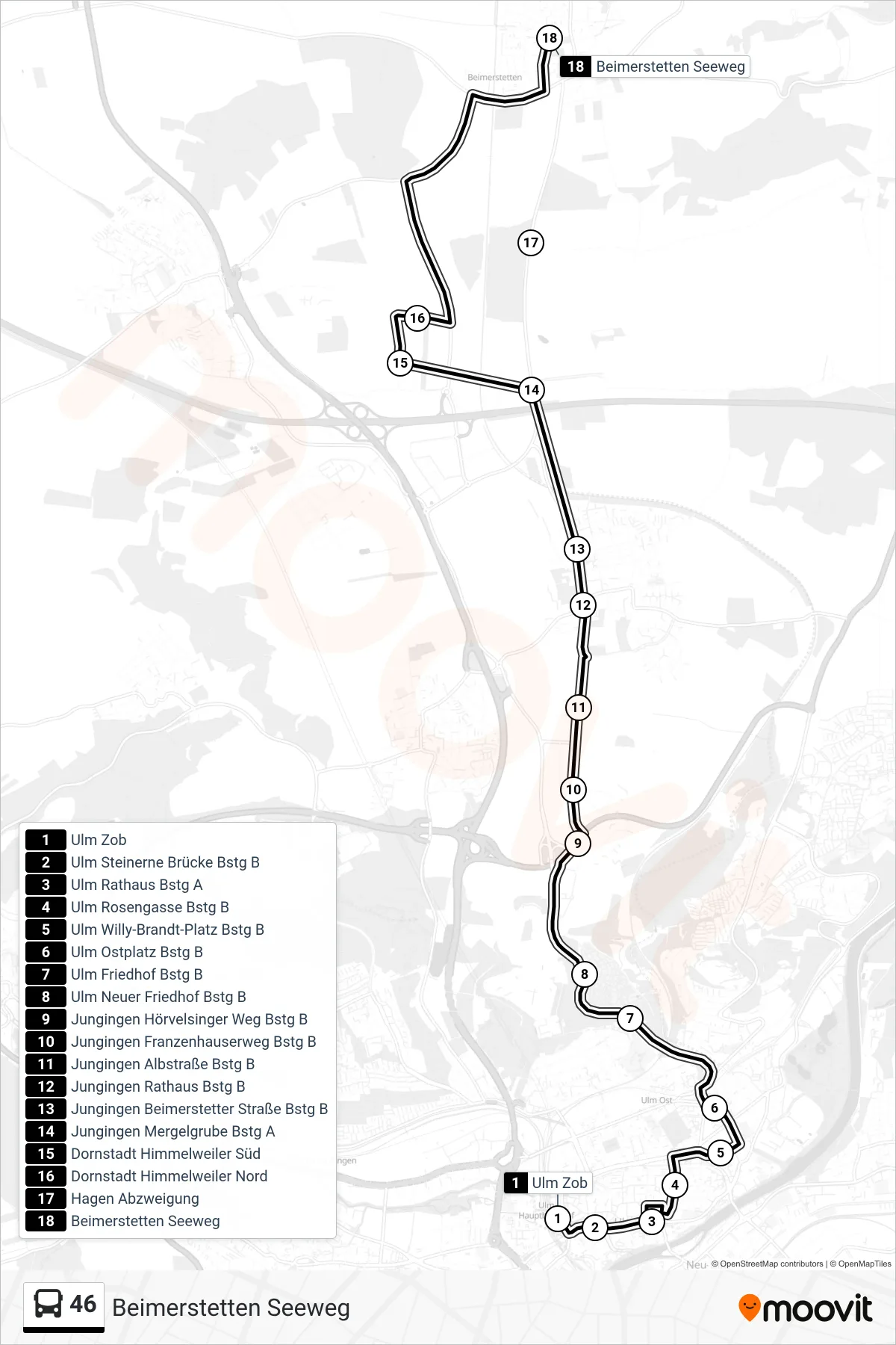Linie 46 (Bus) Richtung Beimerstetten Seeweg: Route und Haltestellen auf der Karte
