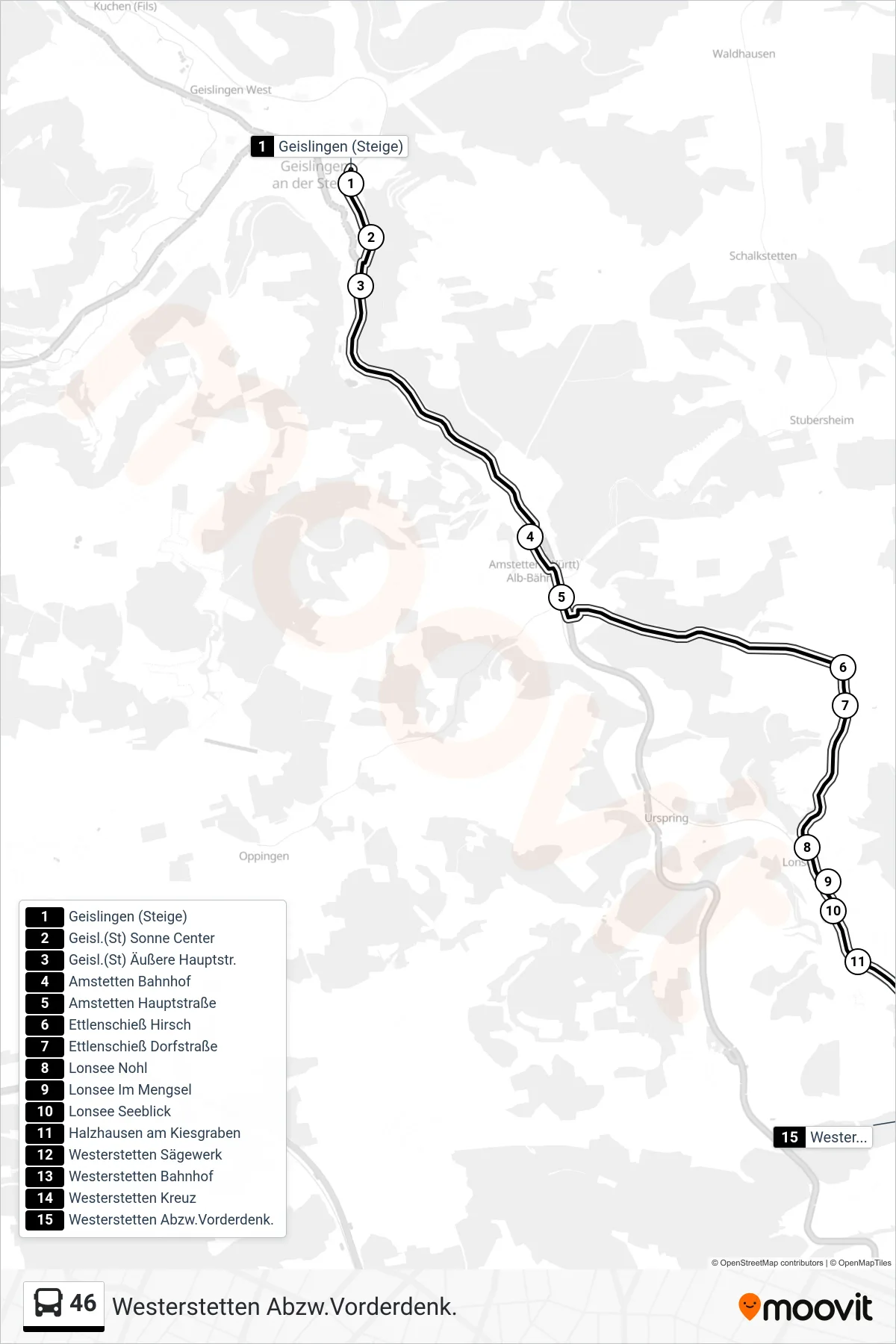 46 bus Line (Westerstetten Abzw.Vorderdenk.) route and stops on a map