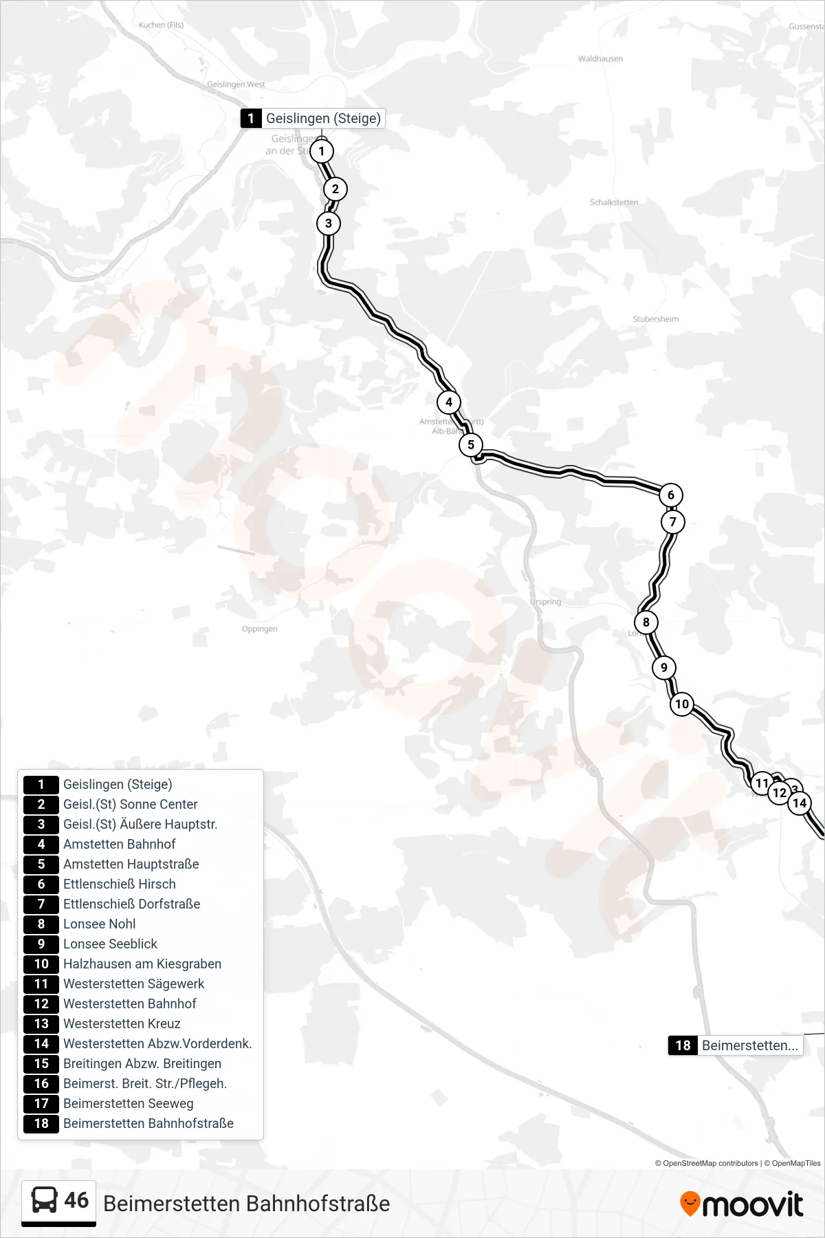 46 bus Line (Beimerstetten Bahnhofstraße) route and stops on a map