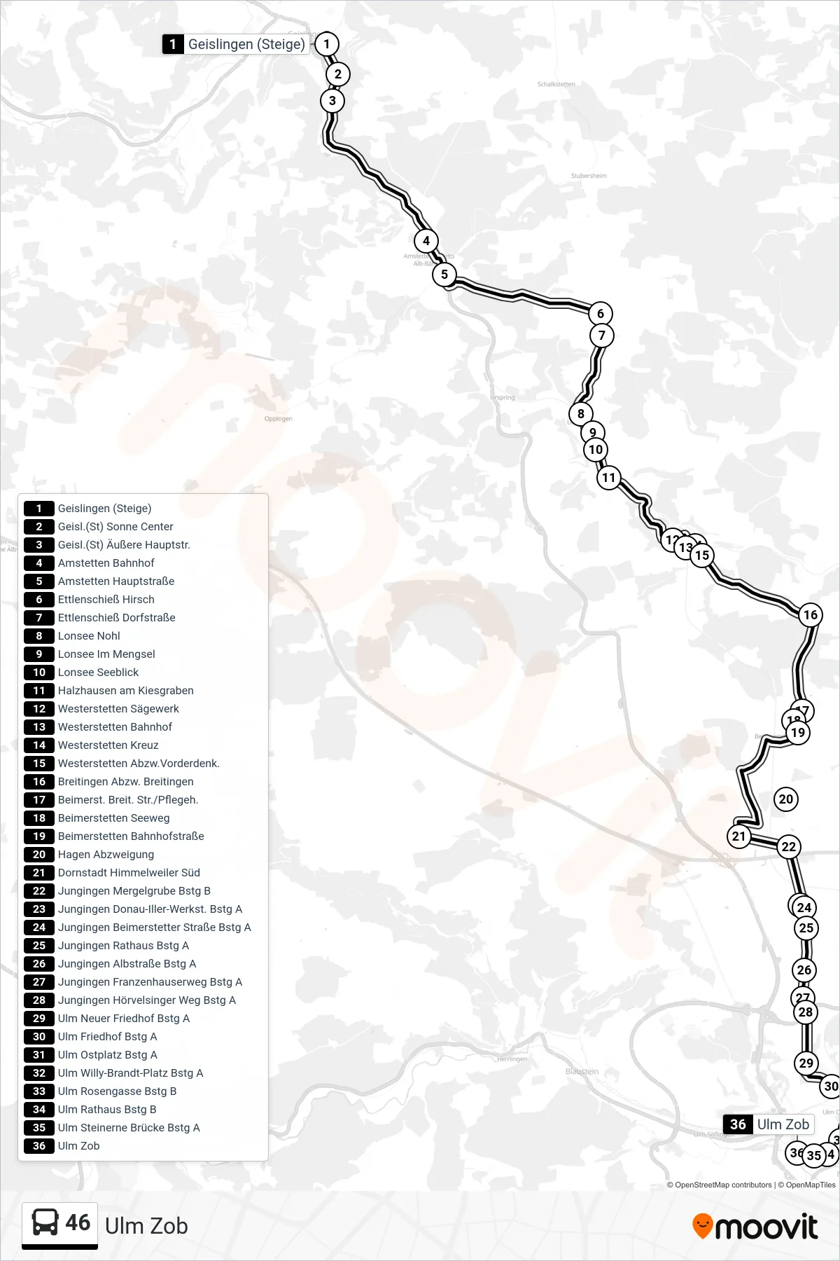46 bus Line (Ulm Zob) route and stops on a map