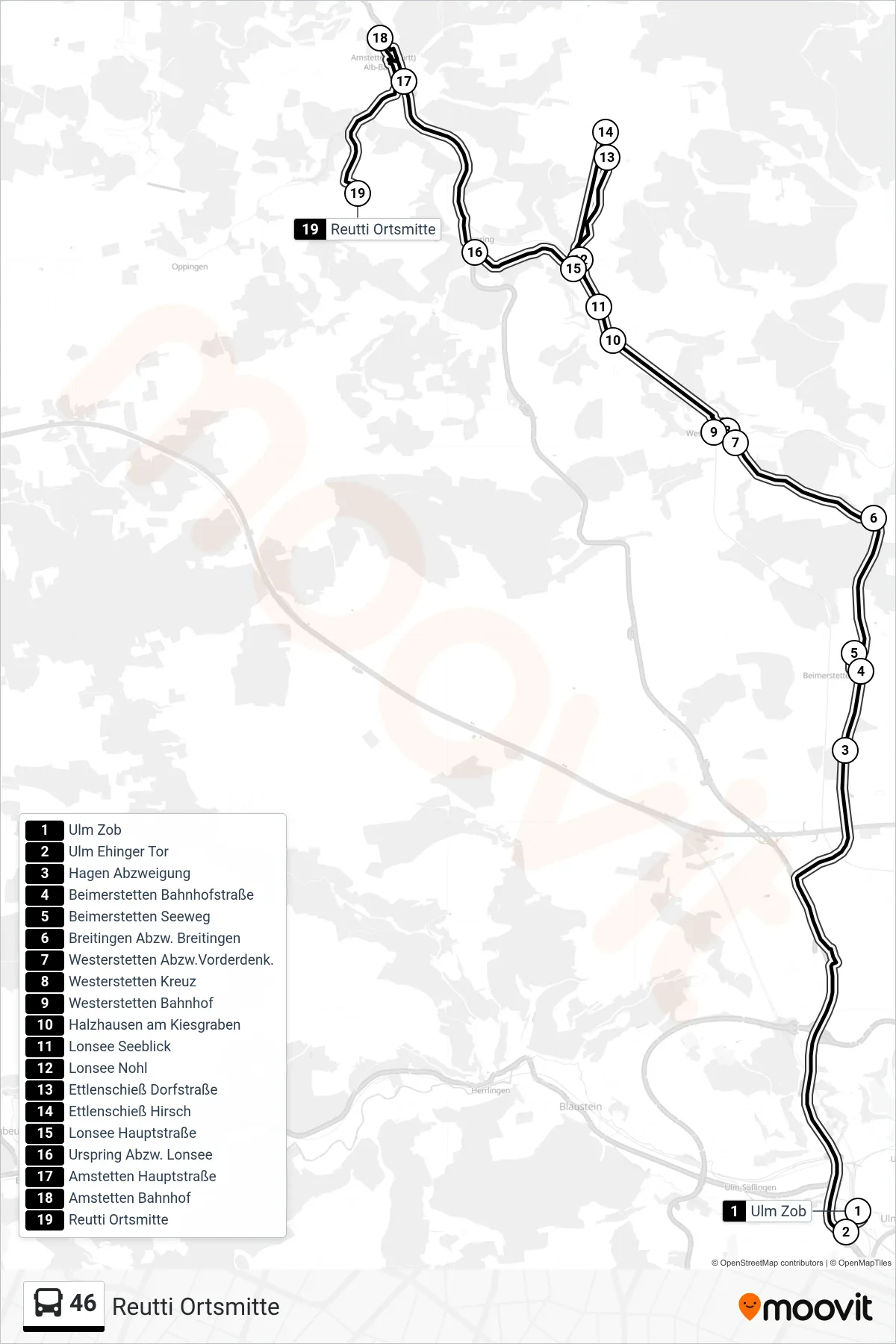 46 bus Line (Reutti Ortsmitte) route and stops on a map