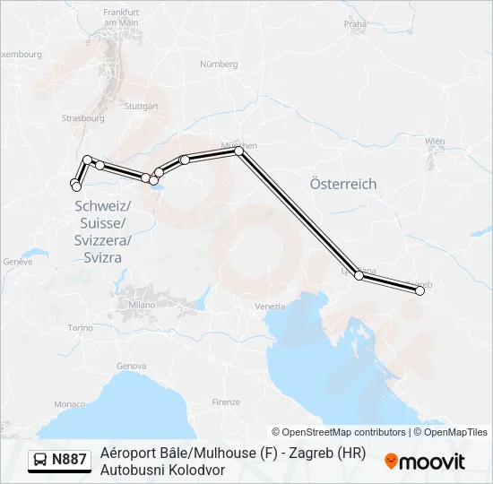 Автобус N887: карта маршрута