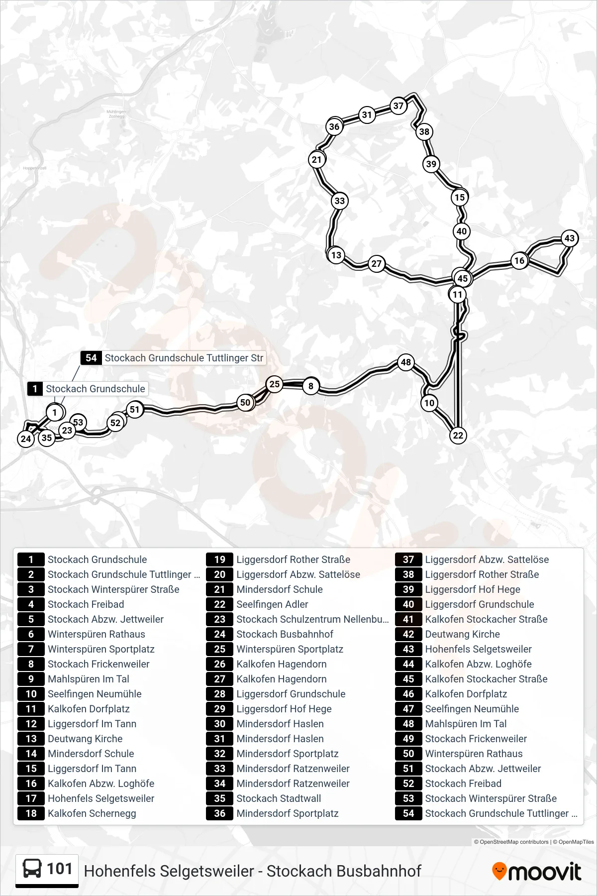 Linie 101 (Bus) Richtung Stockach Busbahnhof: Route und Haltestellen auf der Karte