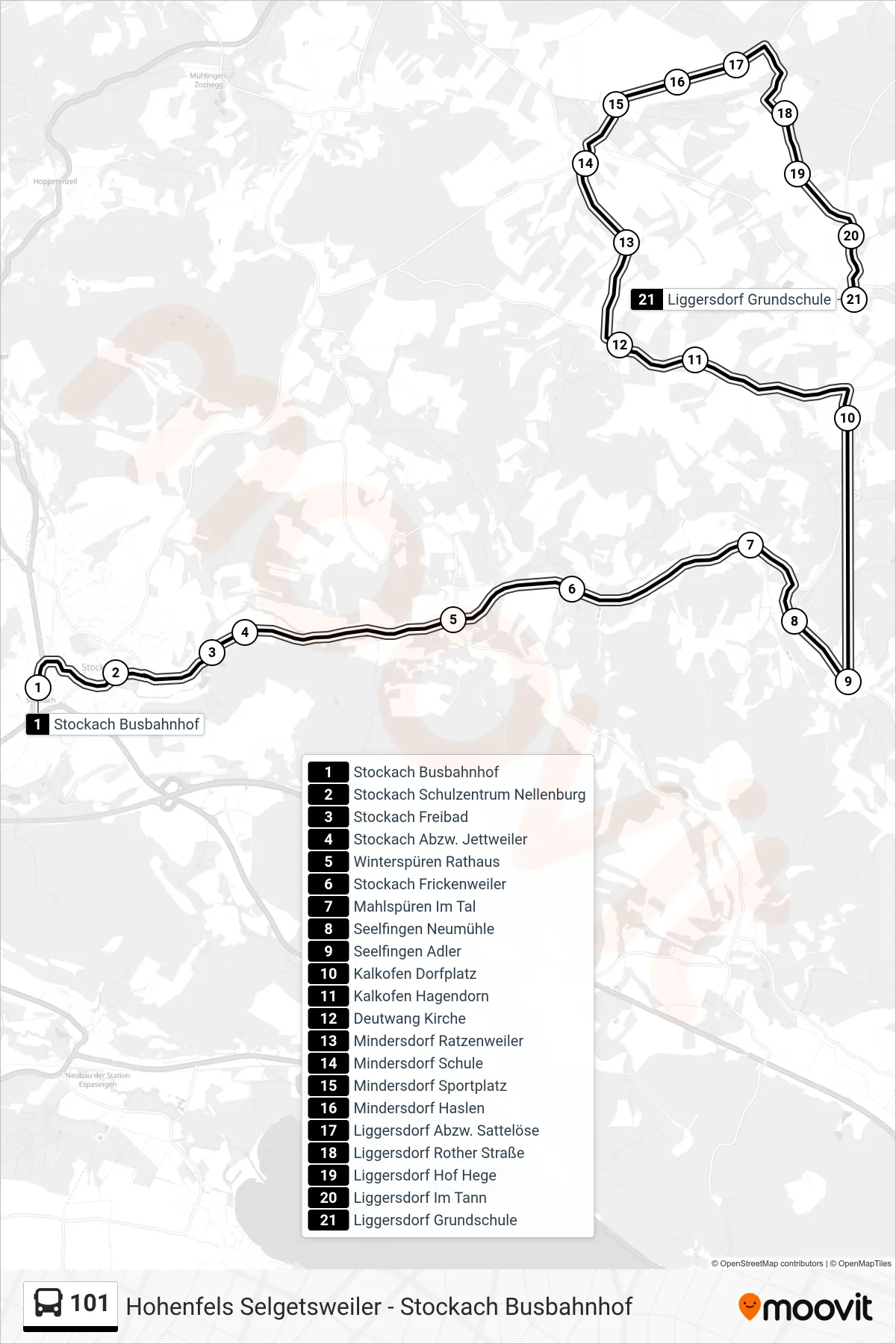 101 bus Line (Liggersdorf Grundschule) route and stops on a map