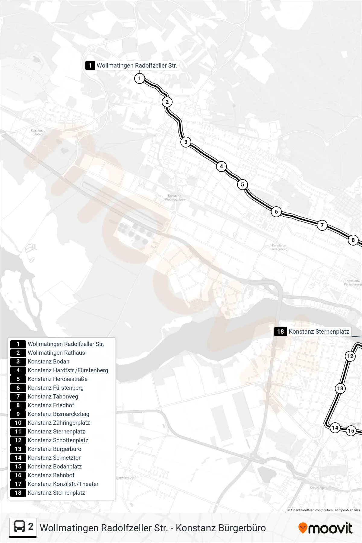 Linie 2 (Bus) Richtung Konstanz Sternenplatz: Route und Haltestellen auf der Karte