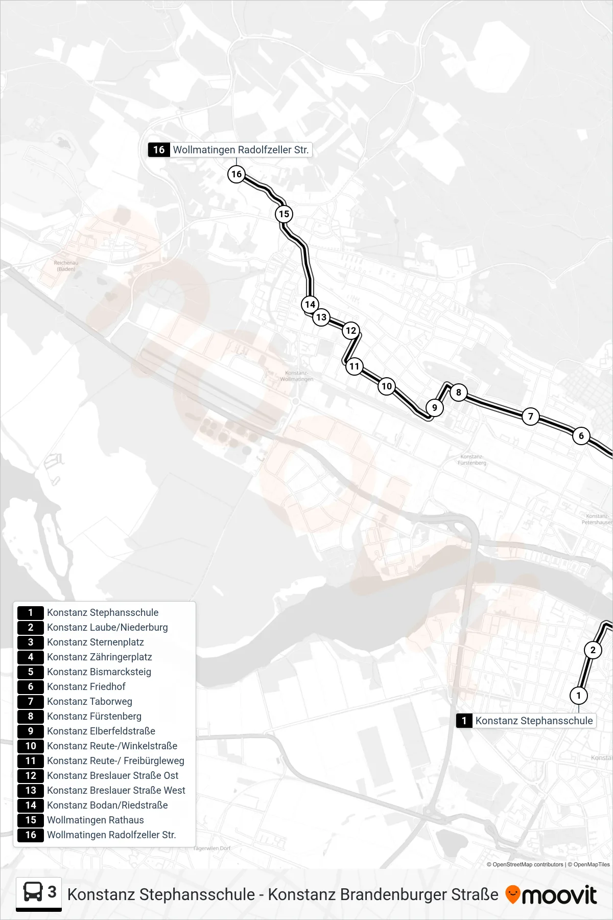 Linie 3 (Bus) Richtung Wollmatingen Radolfzeller Str.: Route und Haltestellen auf der Karte