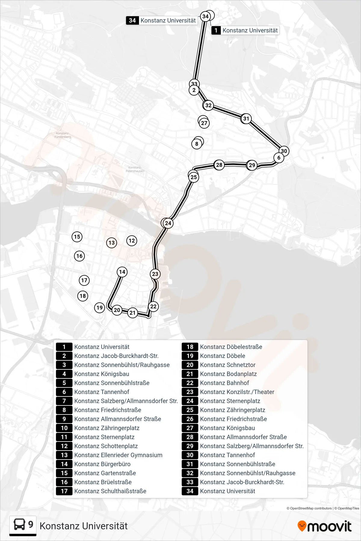 Linie 9 (Bus) Richtung Konstanz Universität: Route und Haltestellen auf der Karte