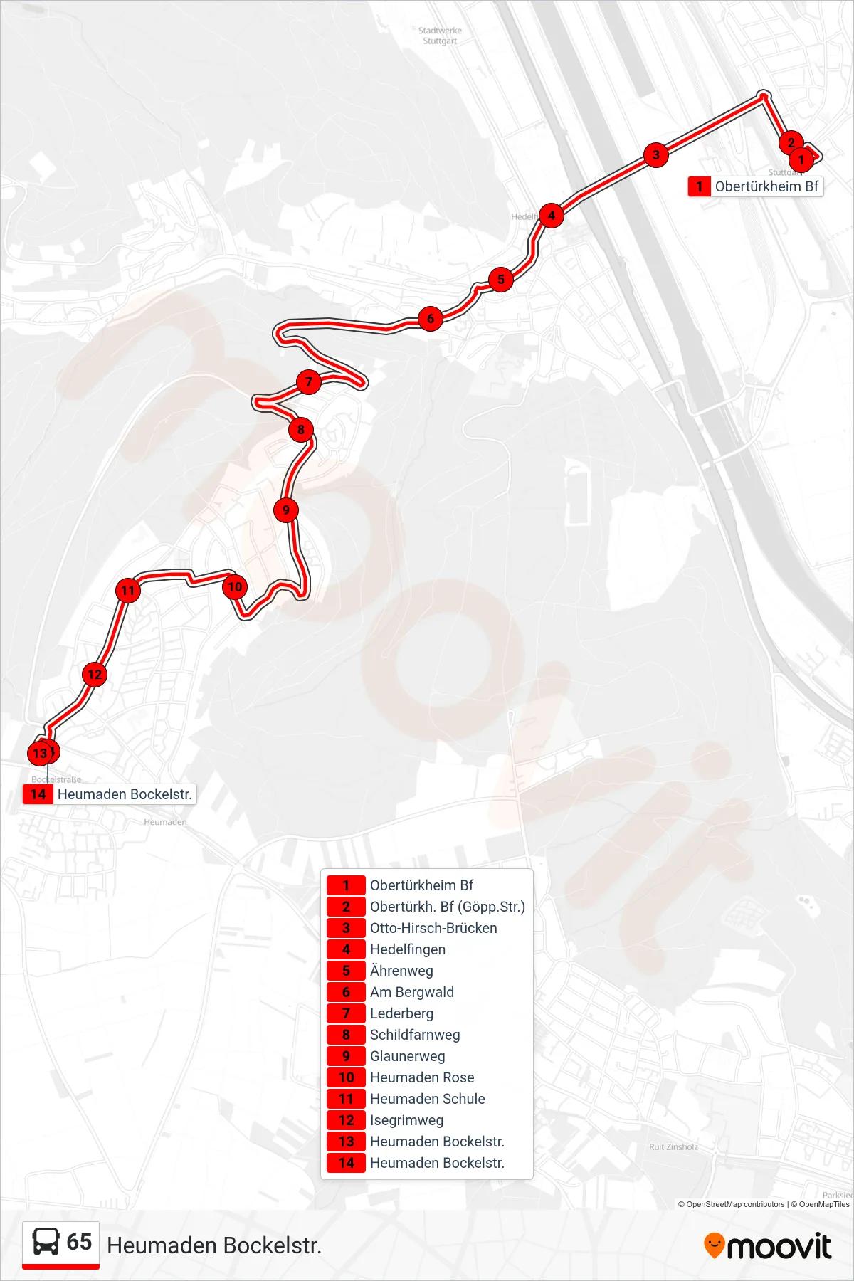 Linie 65 (Bus) Richtung Heumaden Bockelstr.: Route und Haltestellen auf der Karte