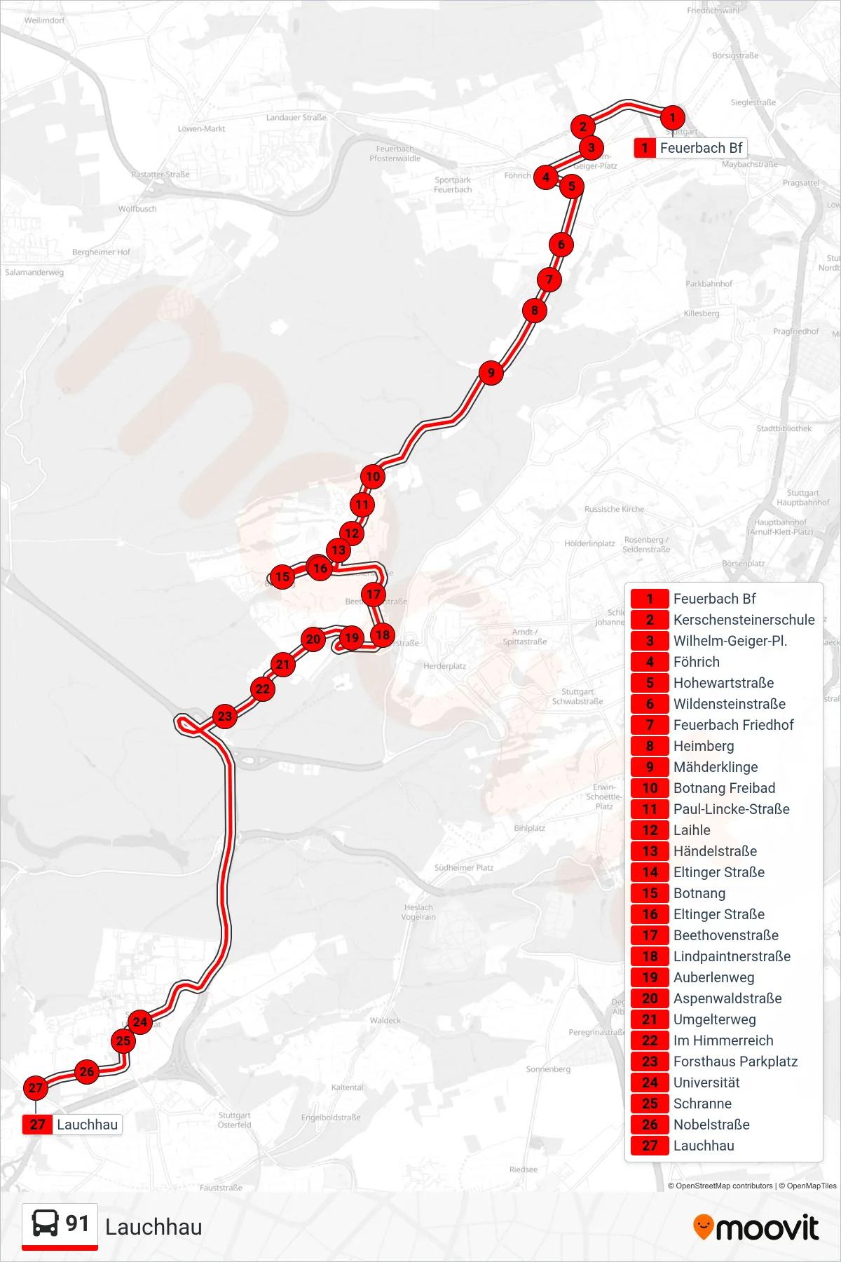 91 bus Line (Lauchhau) route and stops on a map