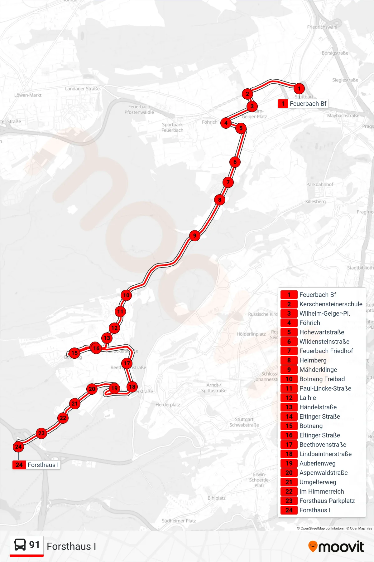 Linie 91 (Bus) Richtung Forsthaus I: Route und Haltestellen auf der Karte