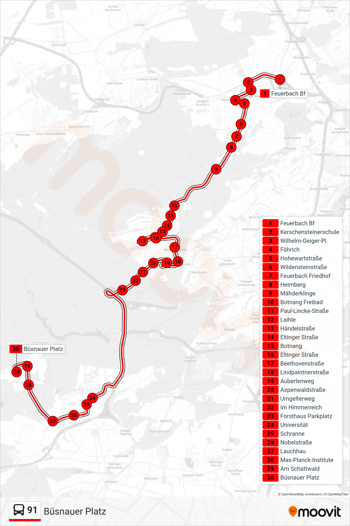 91 bus Line (Büsnauer Platz) route and stops on a map
