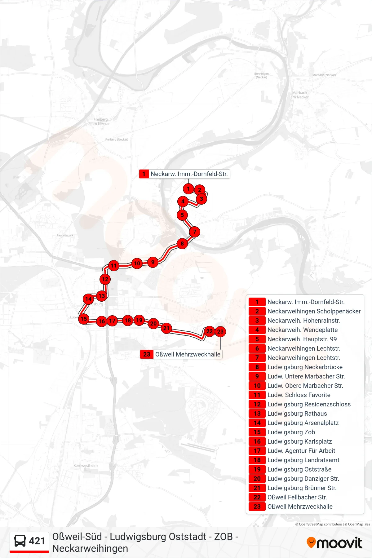 421 bus Line (Oßweil Mehrzweckhalle) route and stops on a map