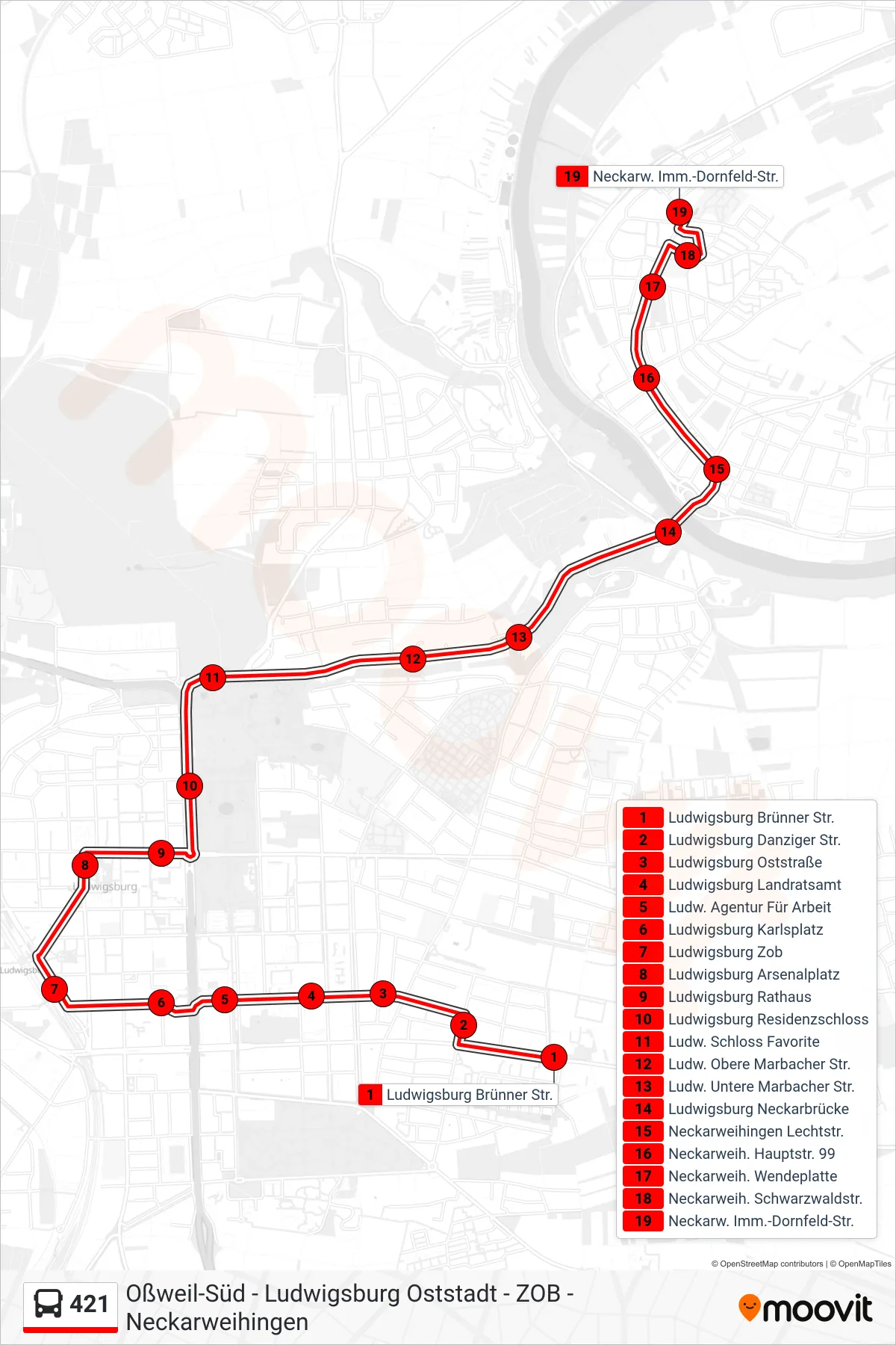 421 bus Line (Neckarw. Imm.-Dornfeld-Str.) route and stops on a map
